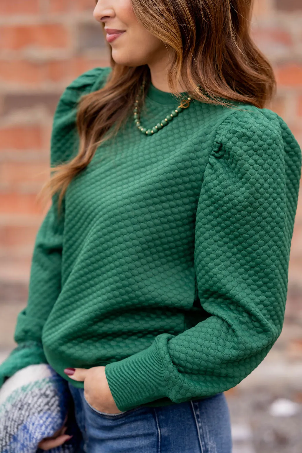 Bold Textured Gathered Shoulder Sweatshirt