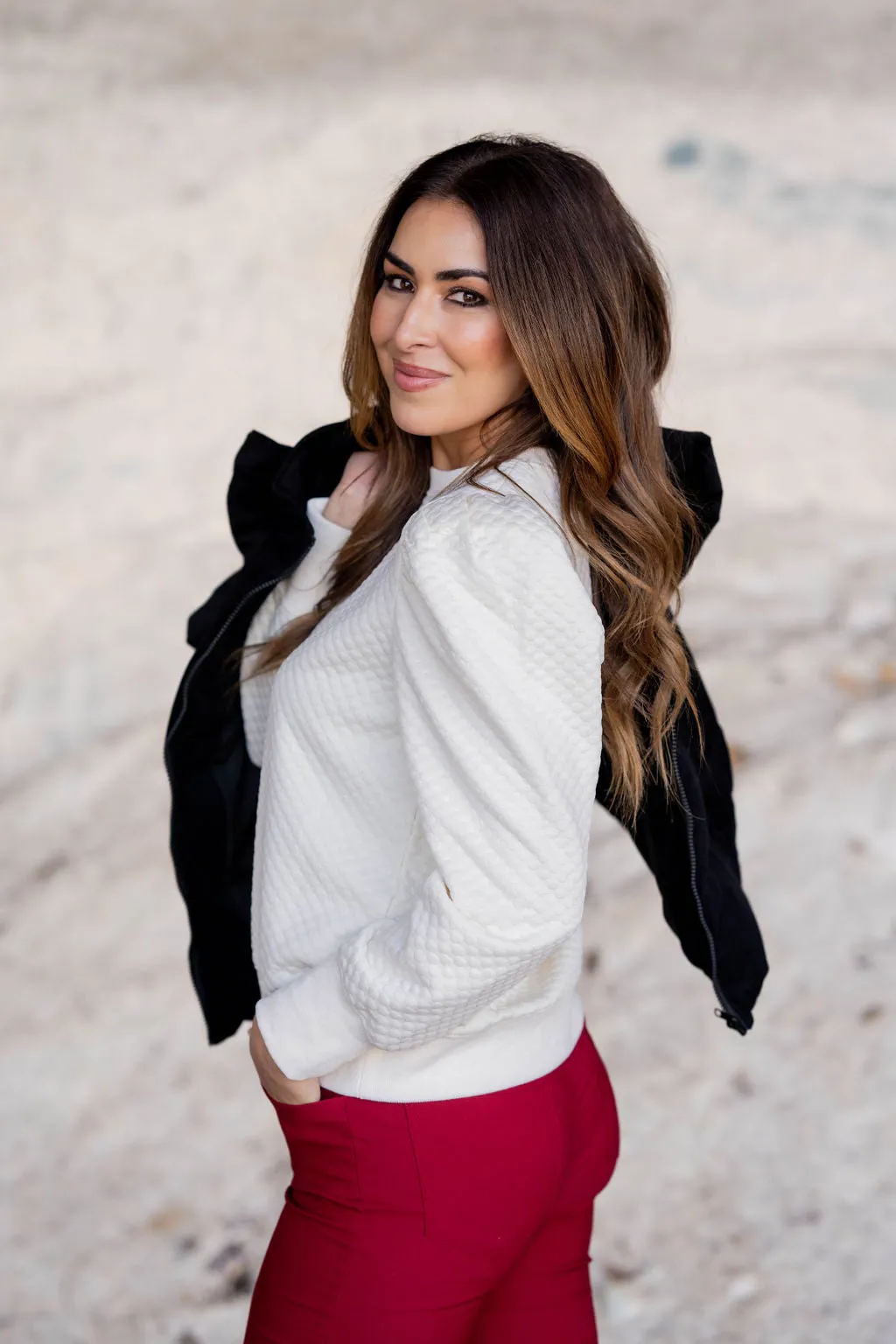 Bold Textured Gathered Shoulder Sweatshirt