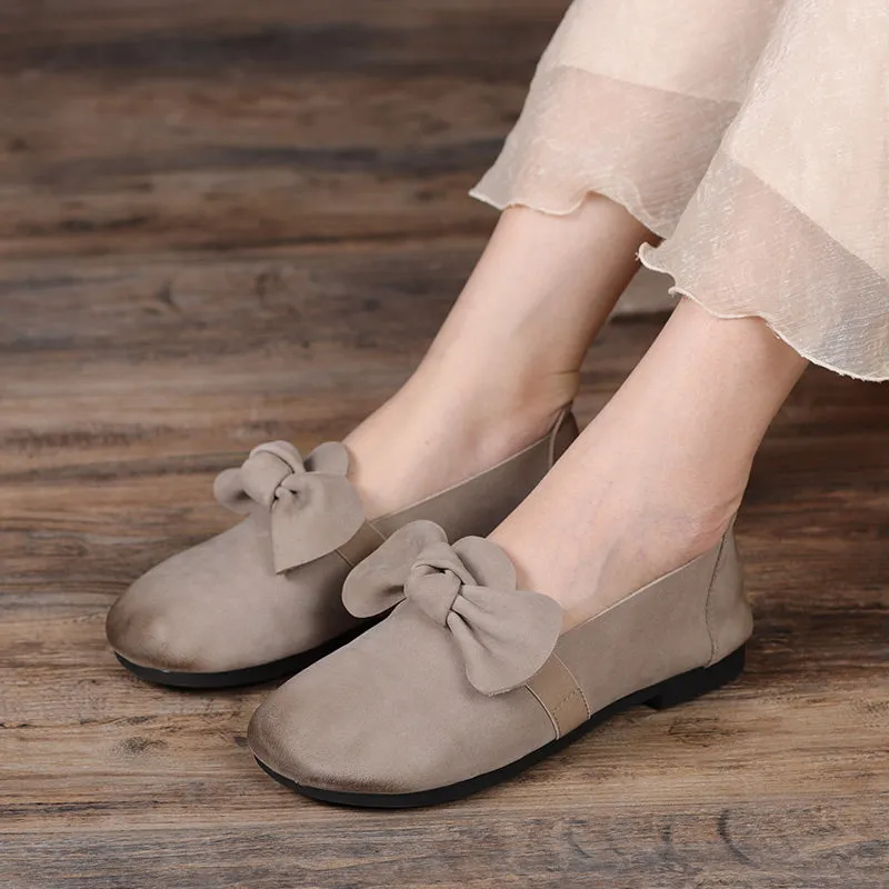 Bow Detail Leather Flats For Women Handmade Casual Slip On Shoes Flats Coffee/Grey