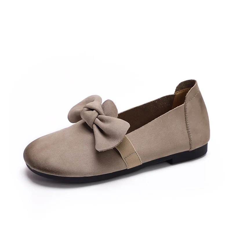 Bow Detail Leather Flats For Women Handmade Casual Slip On Shoes Flats Coffee/Grey