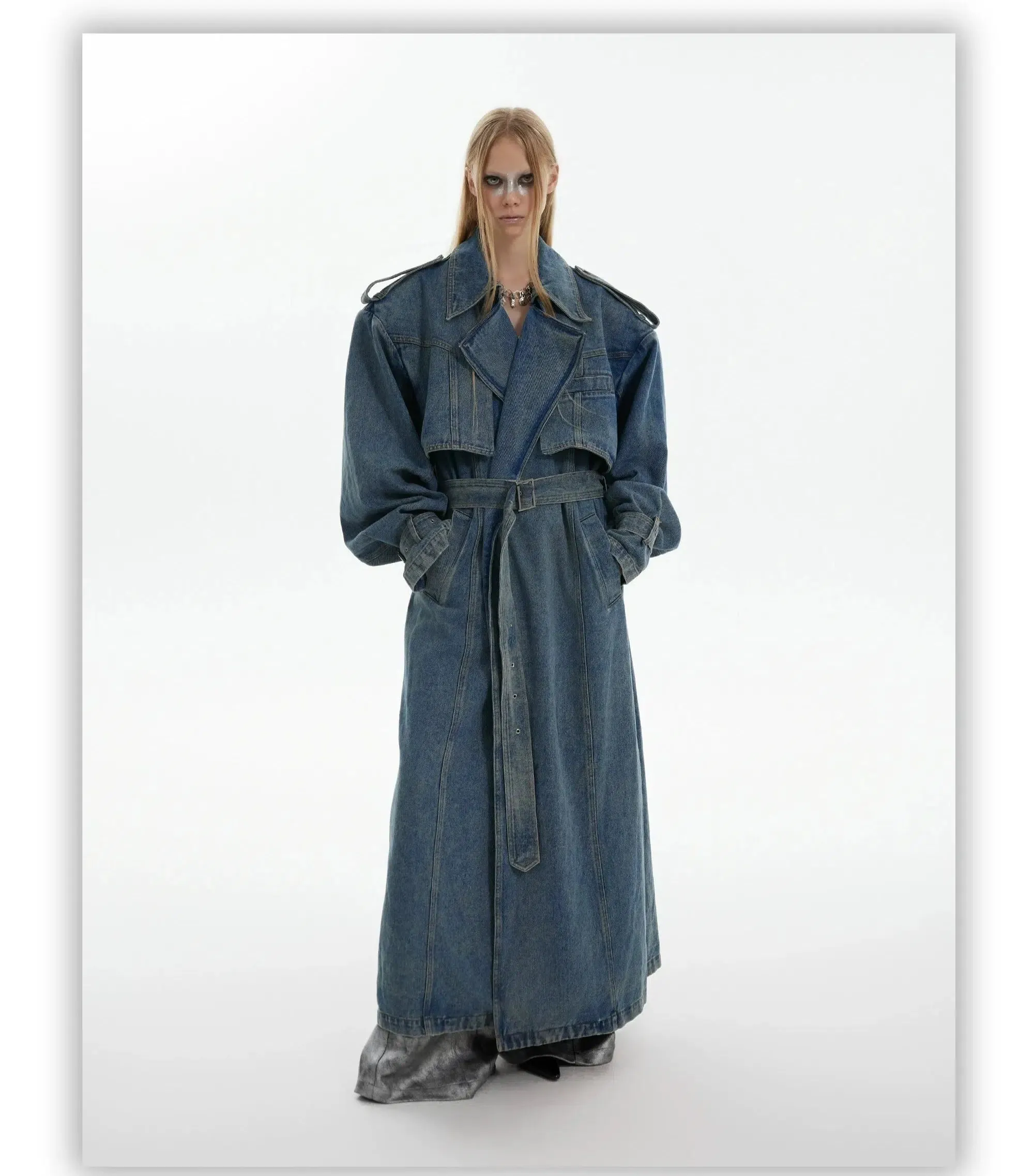 Button Details Denim Trench Coat