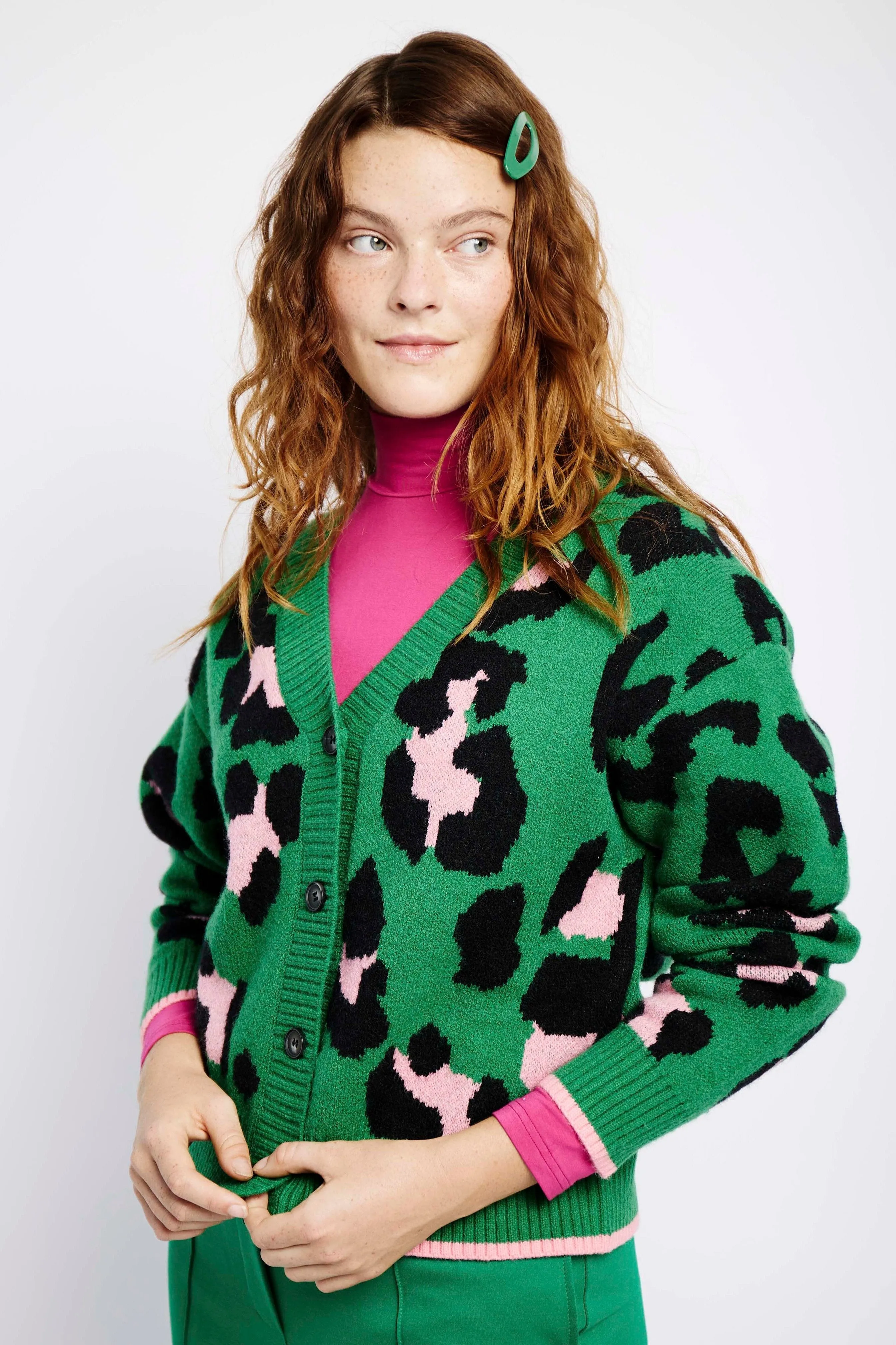 Button Through Cardigan in Pink and Green Opulent Animal