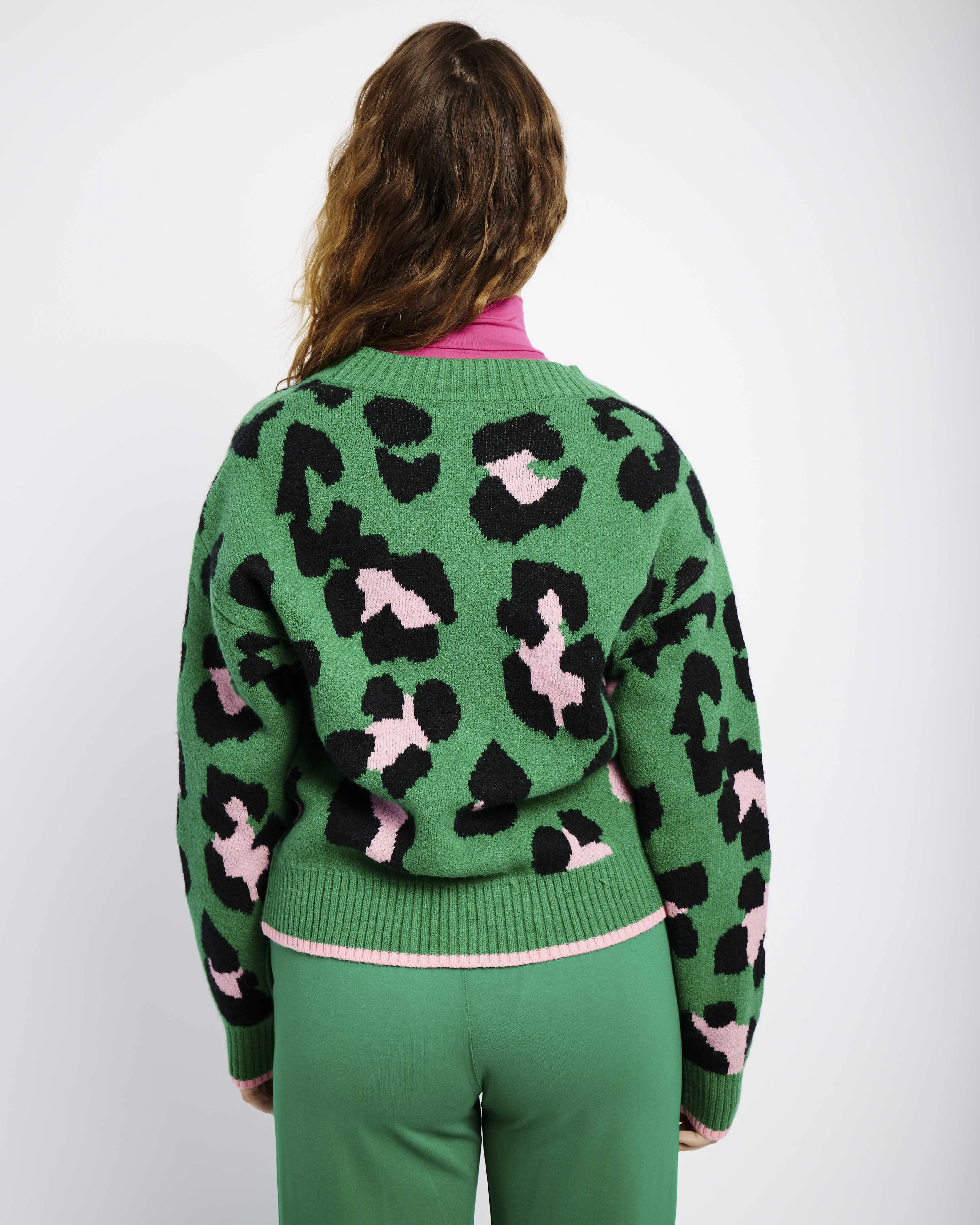 Button Through Cardigan in Pink and Green Opulent Animal