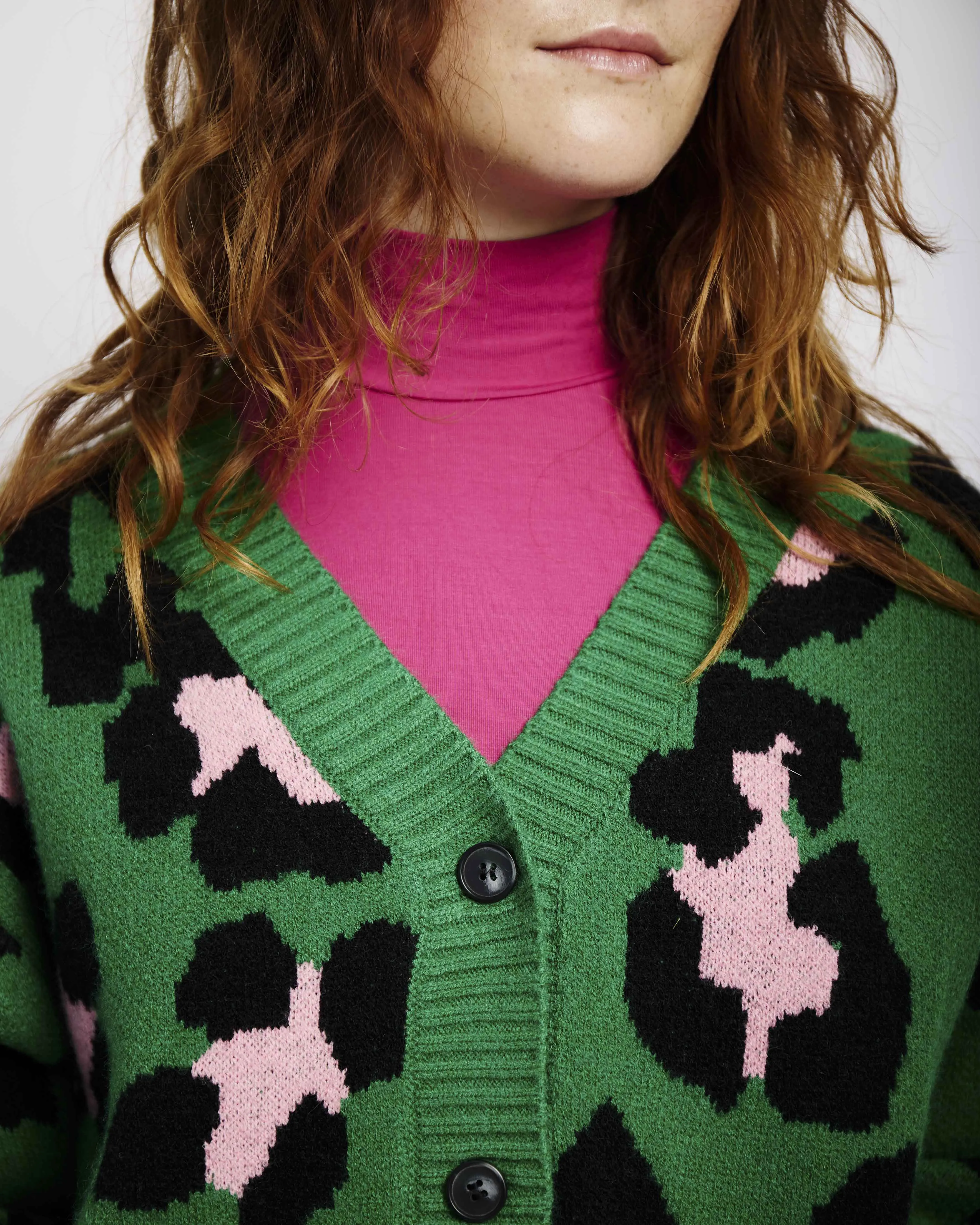 Button Through Cardigan in Pink and Green Opulent Animal