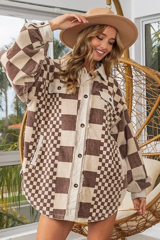 Checkered Button Down Corduroy Shacket in Mocha