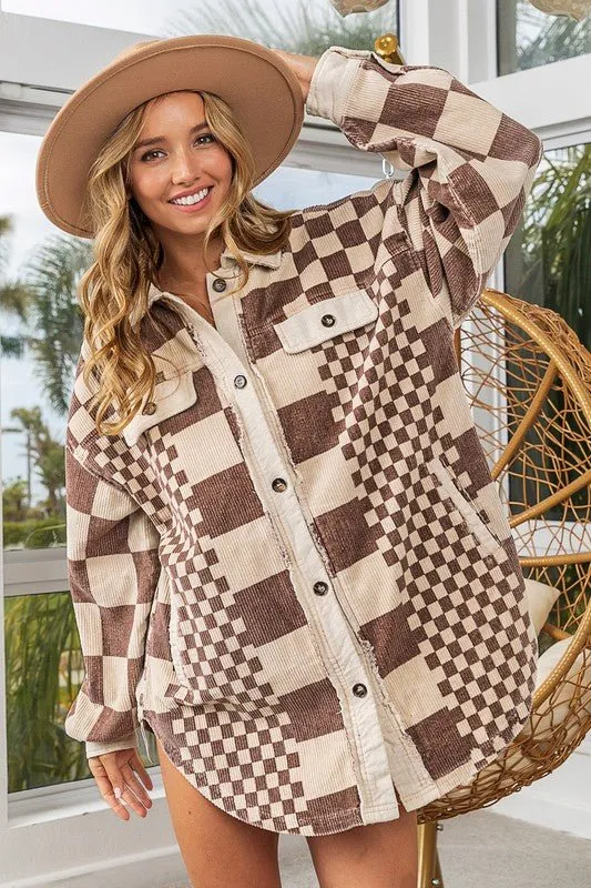 Checkered Button Down Corduroy Shacket in Mocha