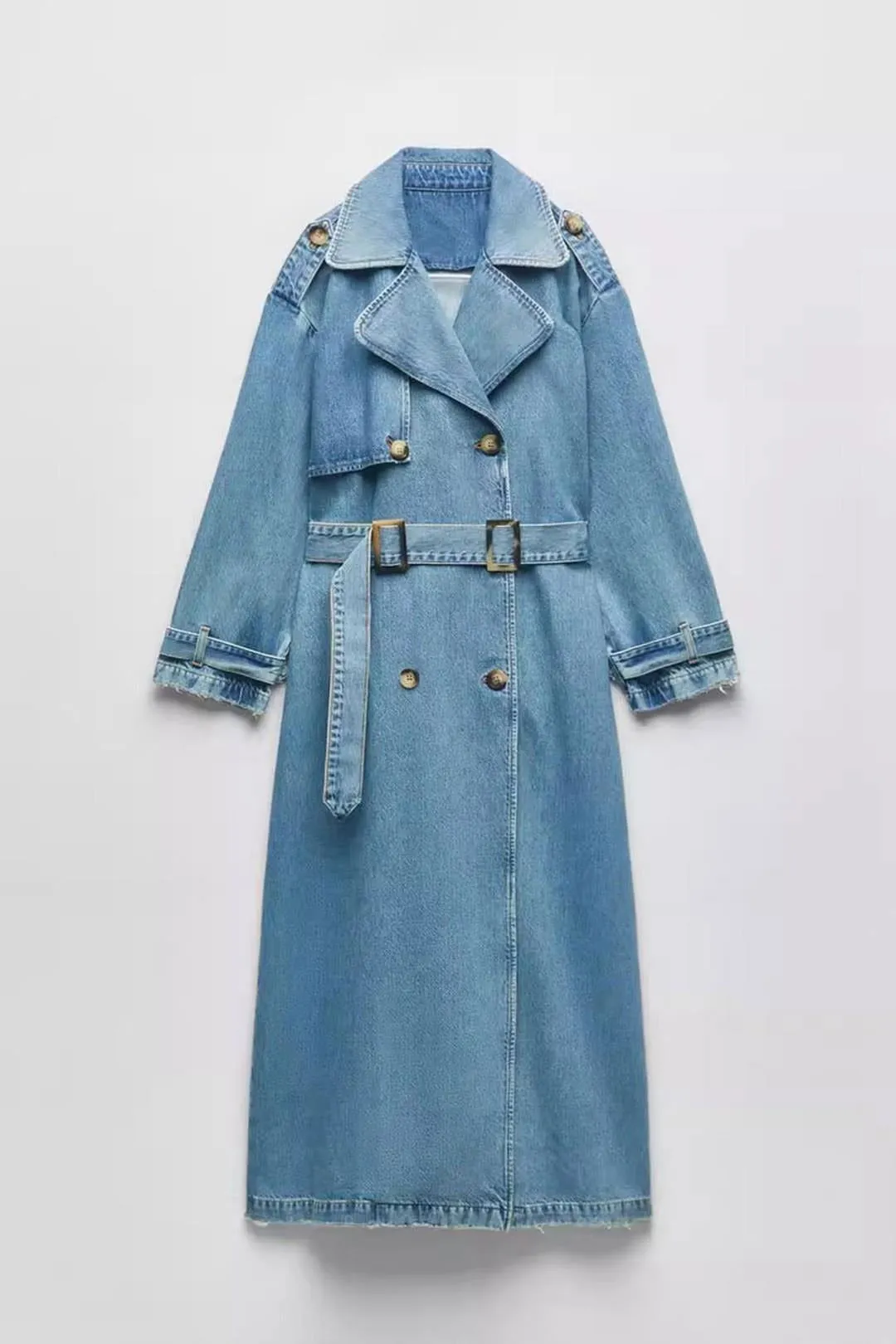 Collared Button Double-breasted Denim Trench Coats with Belt