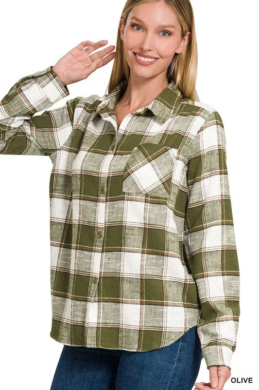 Cotton Plaid Shacket With Front Pocket