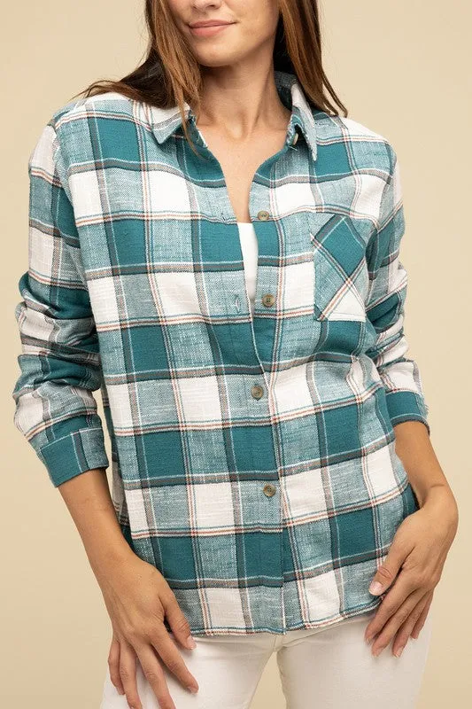 Cotton Plaid Shacket With Front Pocket