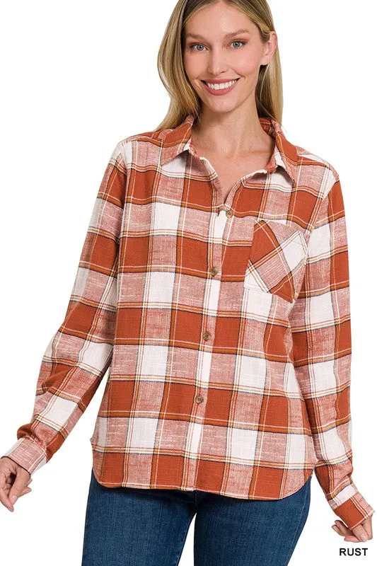 Cotton Plaid Shacket With Front Pocket