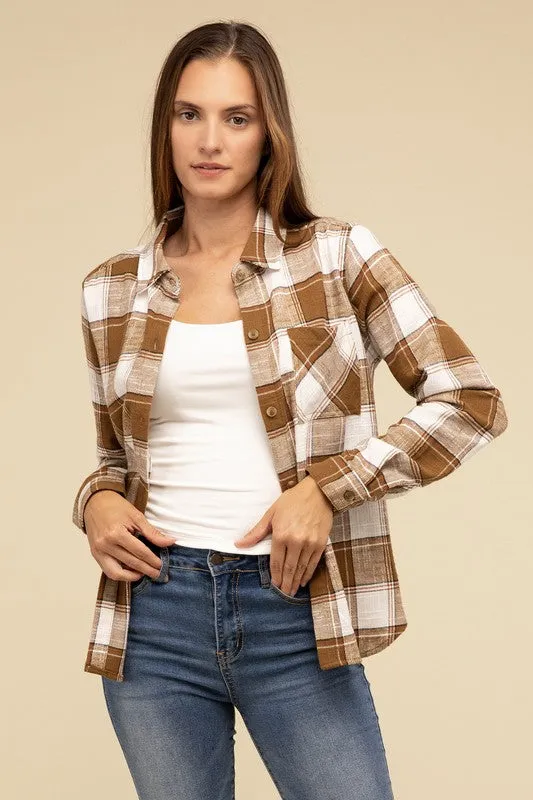 Cotton Plaid Shacket With Front Pocket