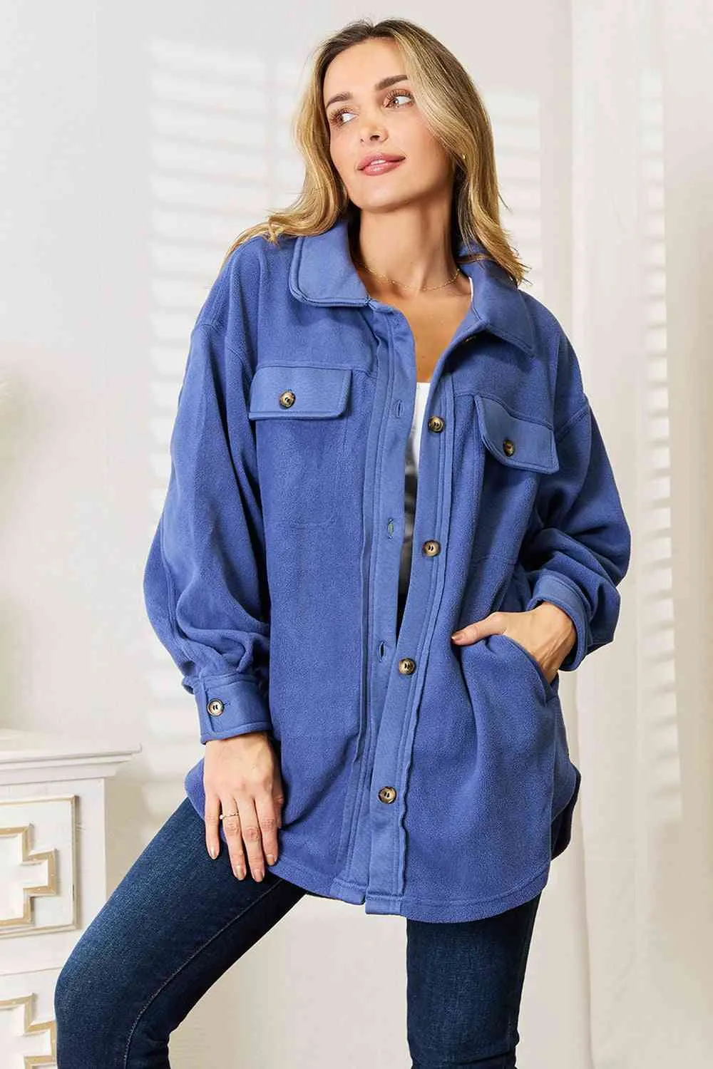 Cozy Girl Button Down Shacket-Dusty Blue