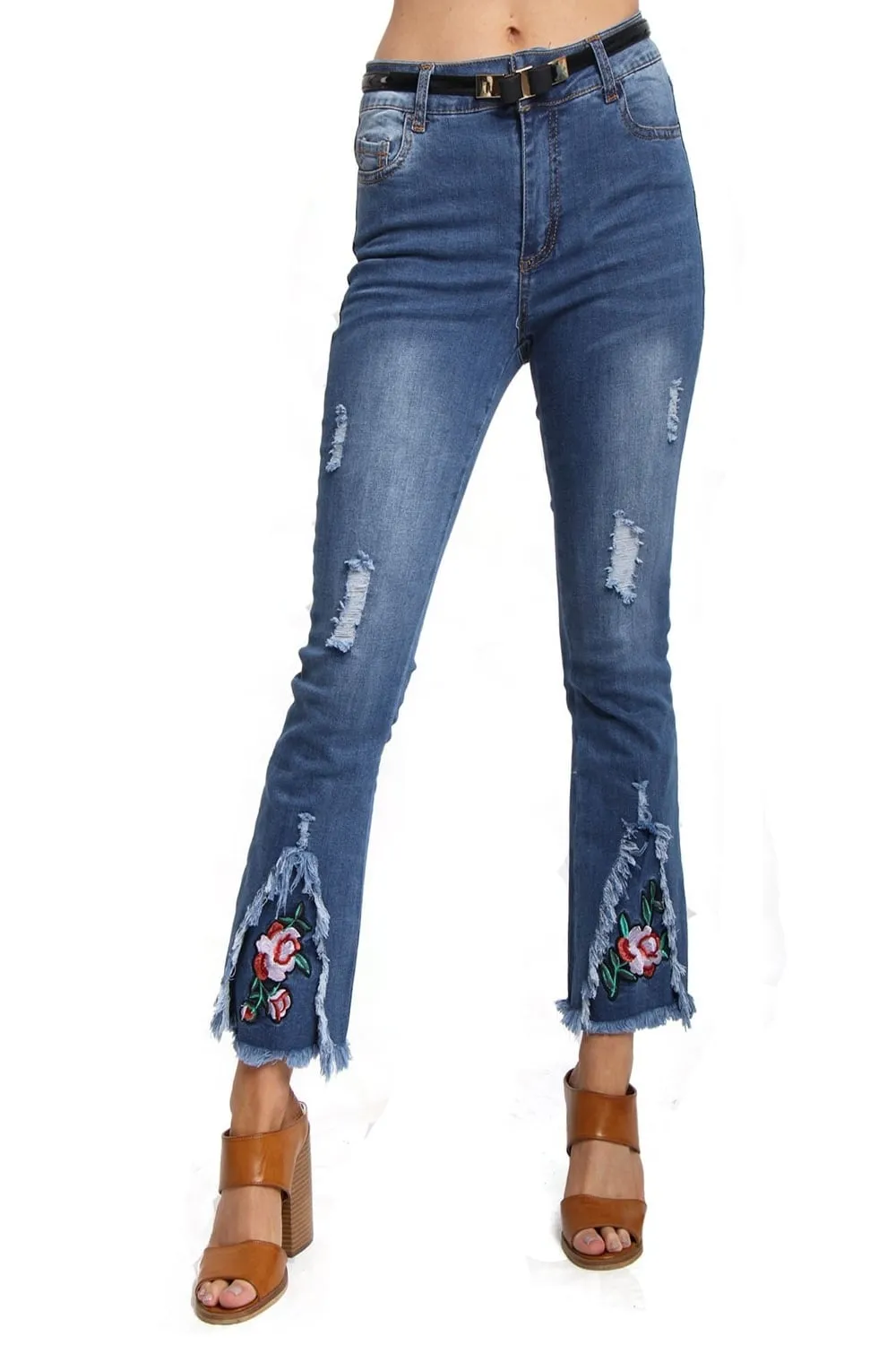 Cropped Flare Floral Embroidered Frayed Hem Stretch Jeans