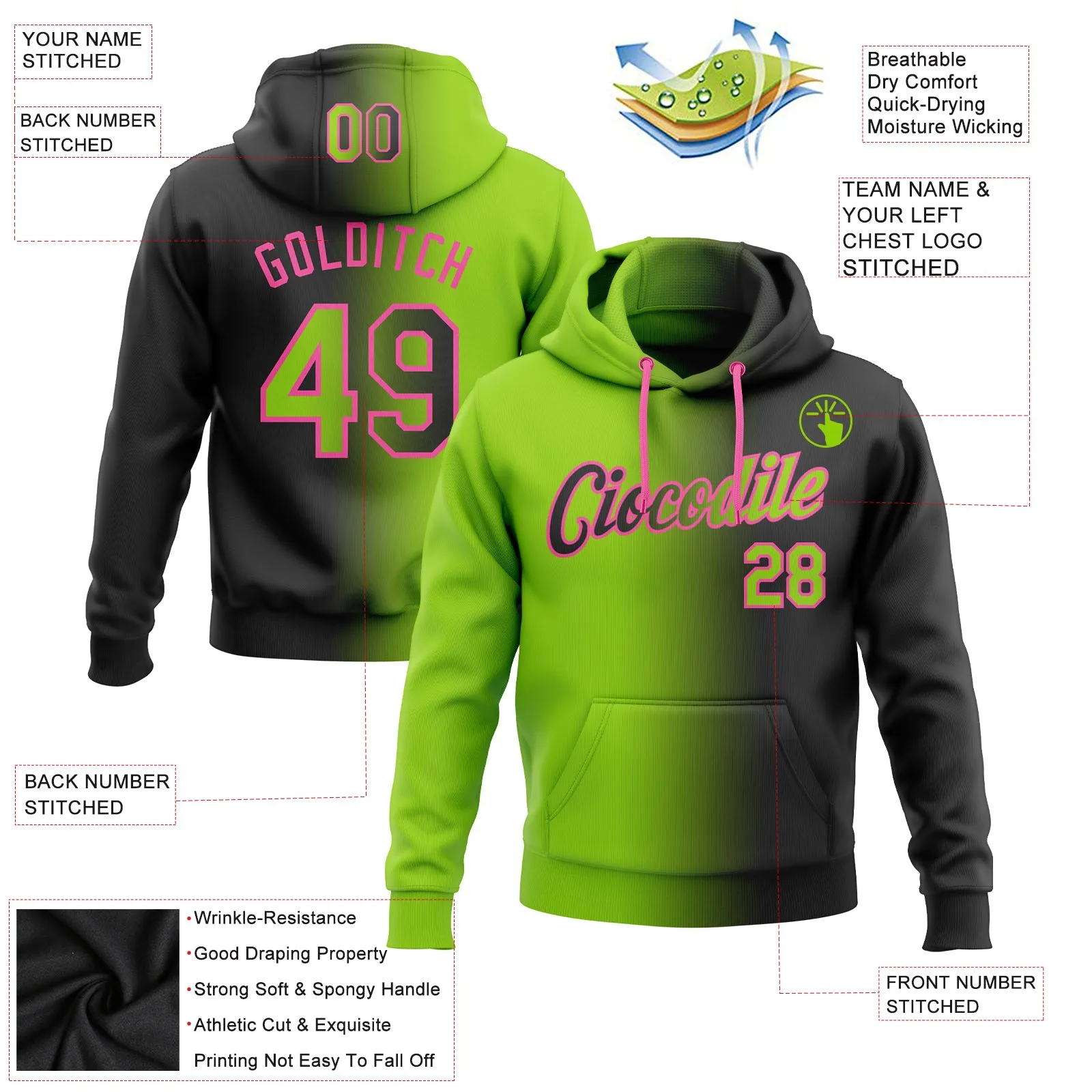 Custom Stitched Black Neon Green-Pink Gradient Fashion Sports Pullover Sweatshirt Hoodie