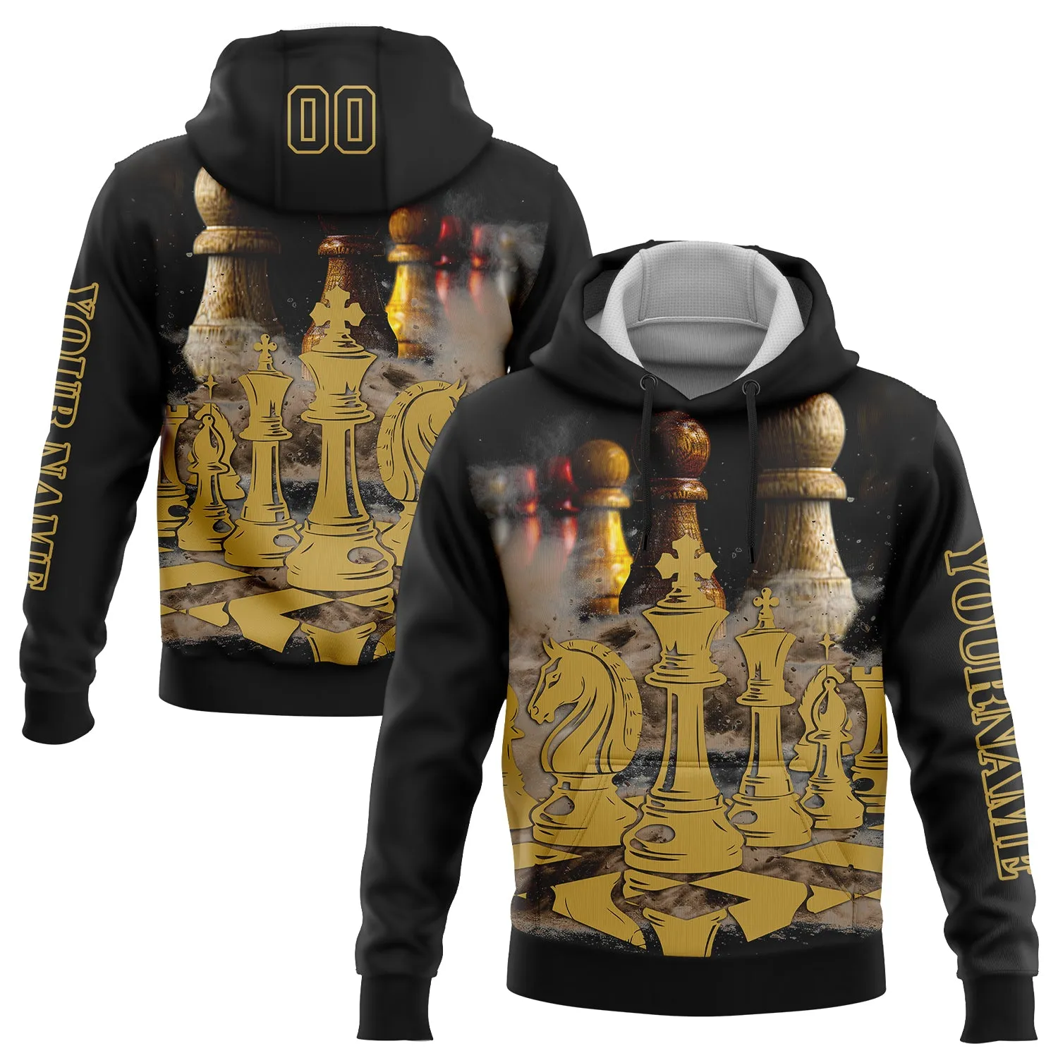 Custom Stitched Black Old Gold 3D Chess International Chess Day Sports Pullover Sweatshirt Hoodie