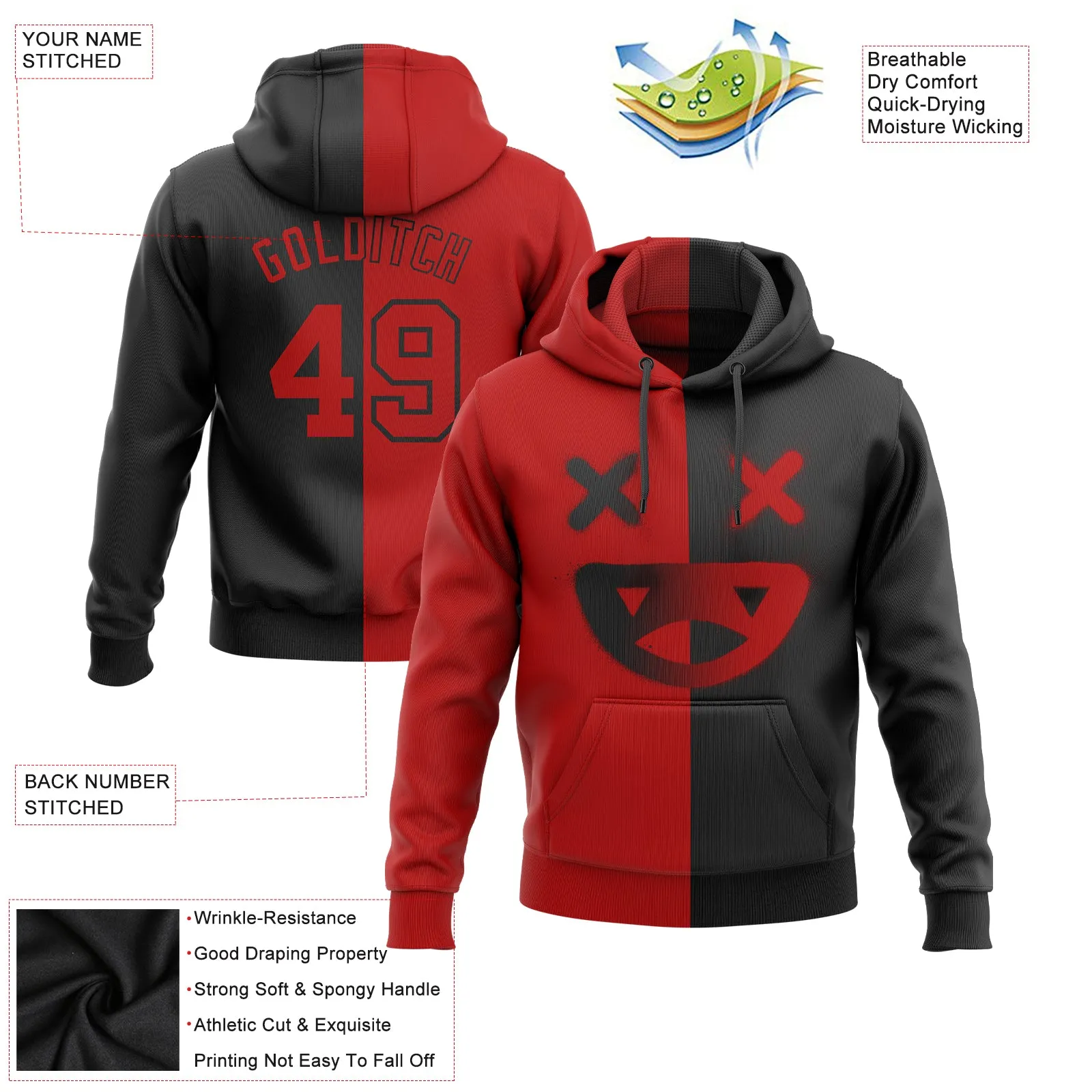 Custom Stitched Black Red 3D Skull Fashion Sports Pullover Sweatshirt Hoodie