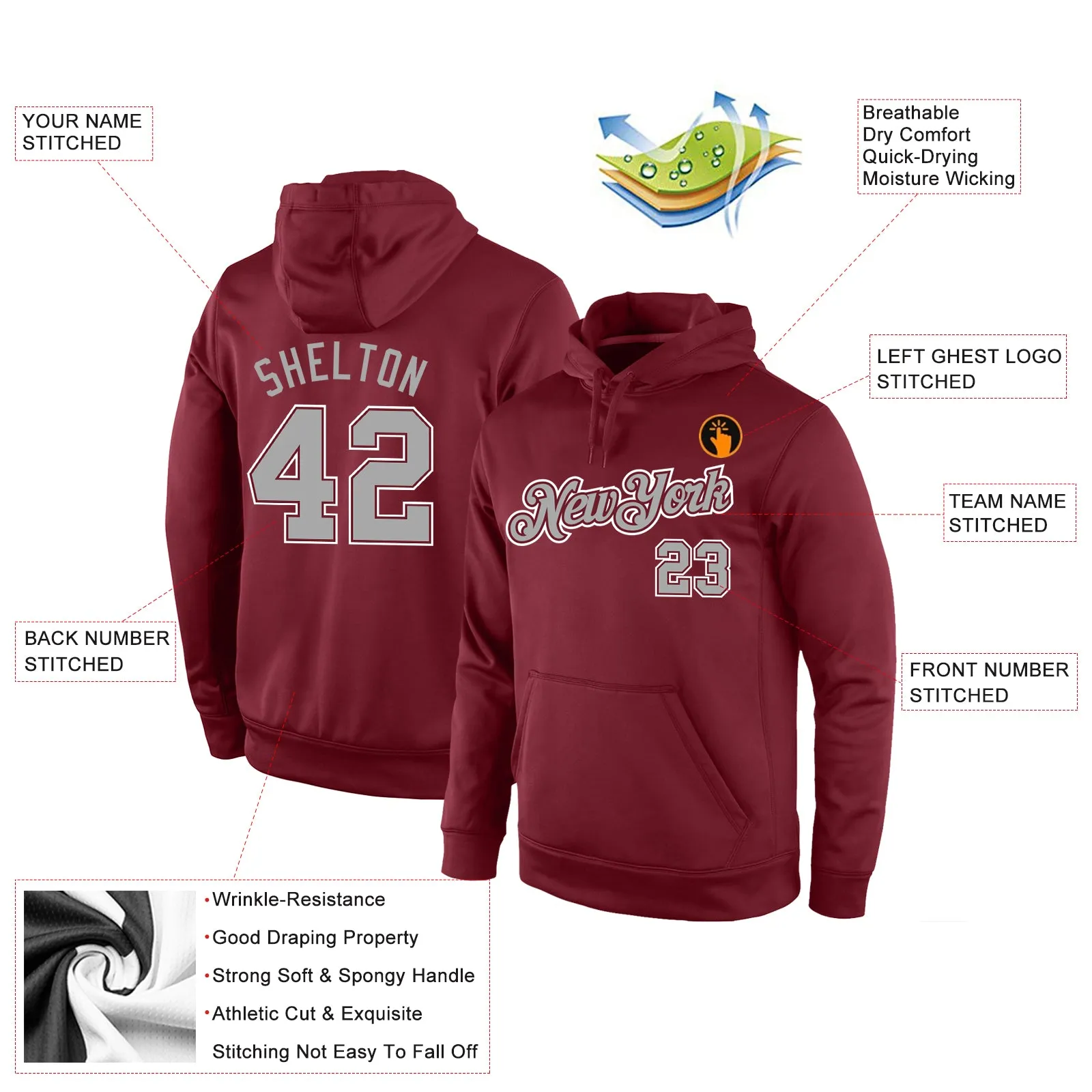 Custom Stitched Burgundy Gray-White Sports Pullover Sweatshirt Hoodie