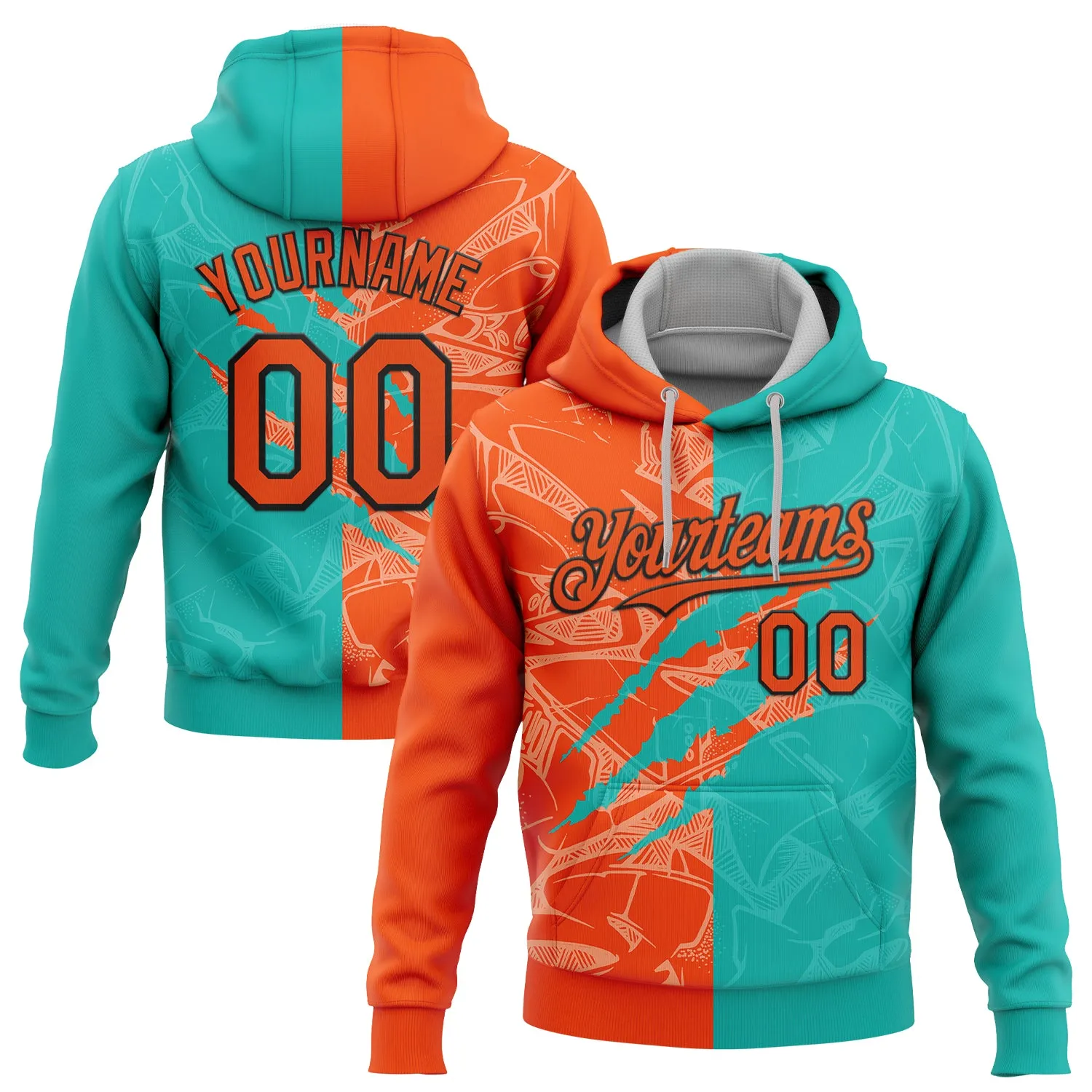 Custom Stitched Graffiti Pattern Orange Aqua-Black 3D Scratch Sports Pullover Sweatshirt Hoodie