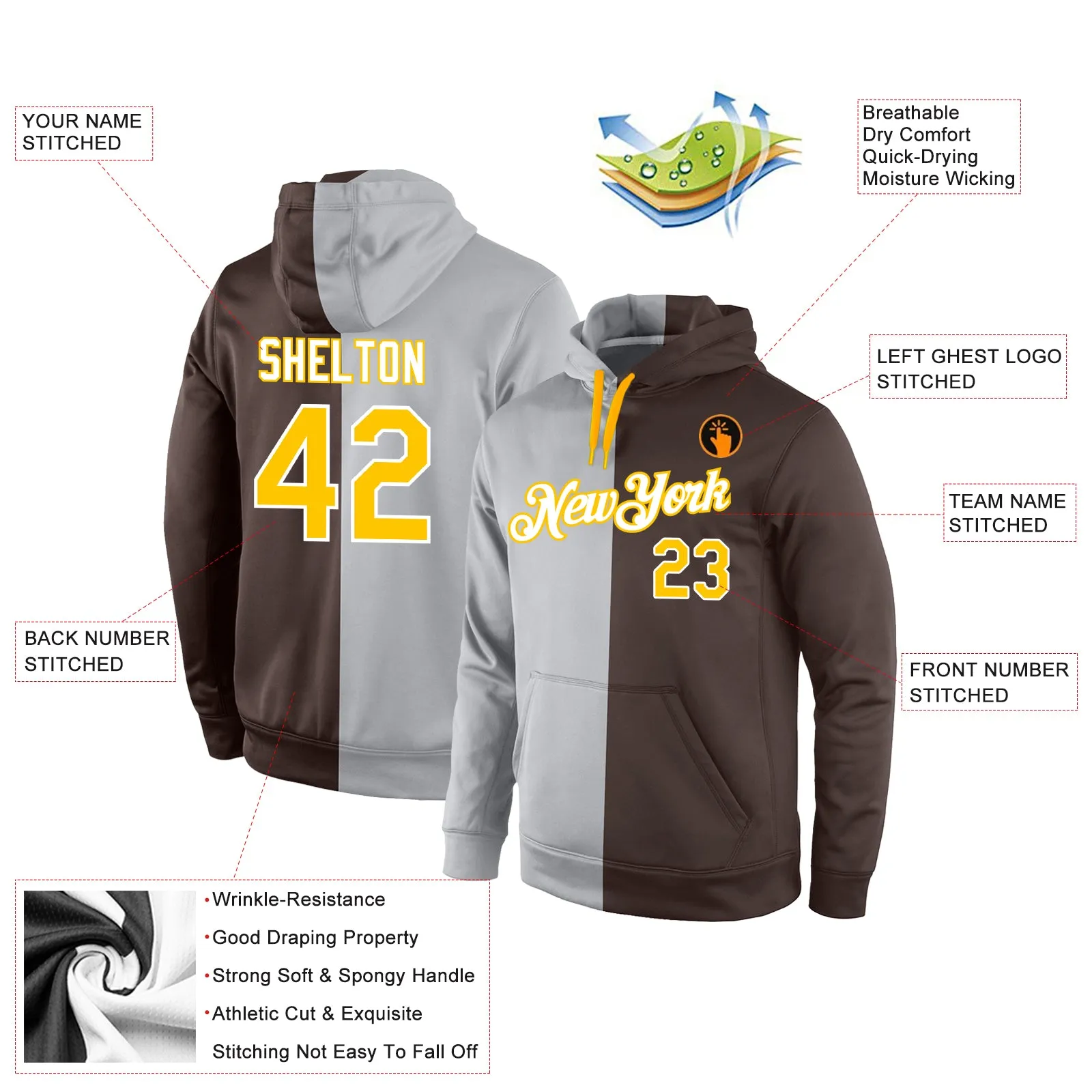 Custom Stitched Gray Gold-Brown Split Fashion Sports Pullover Sweatshirt Hoodie