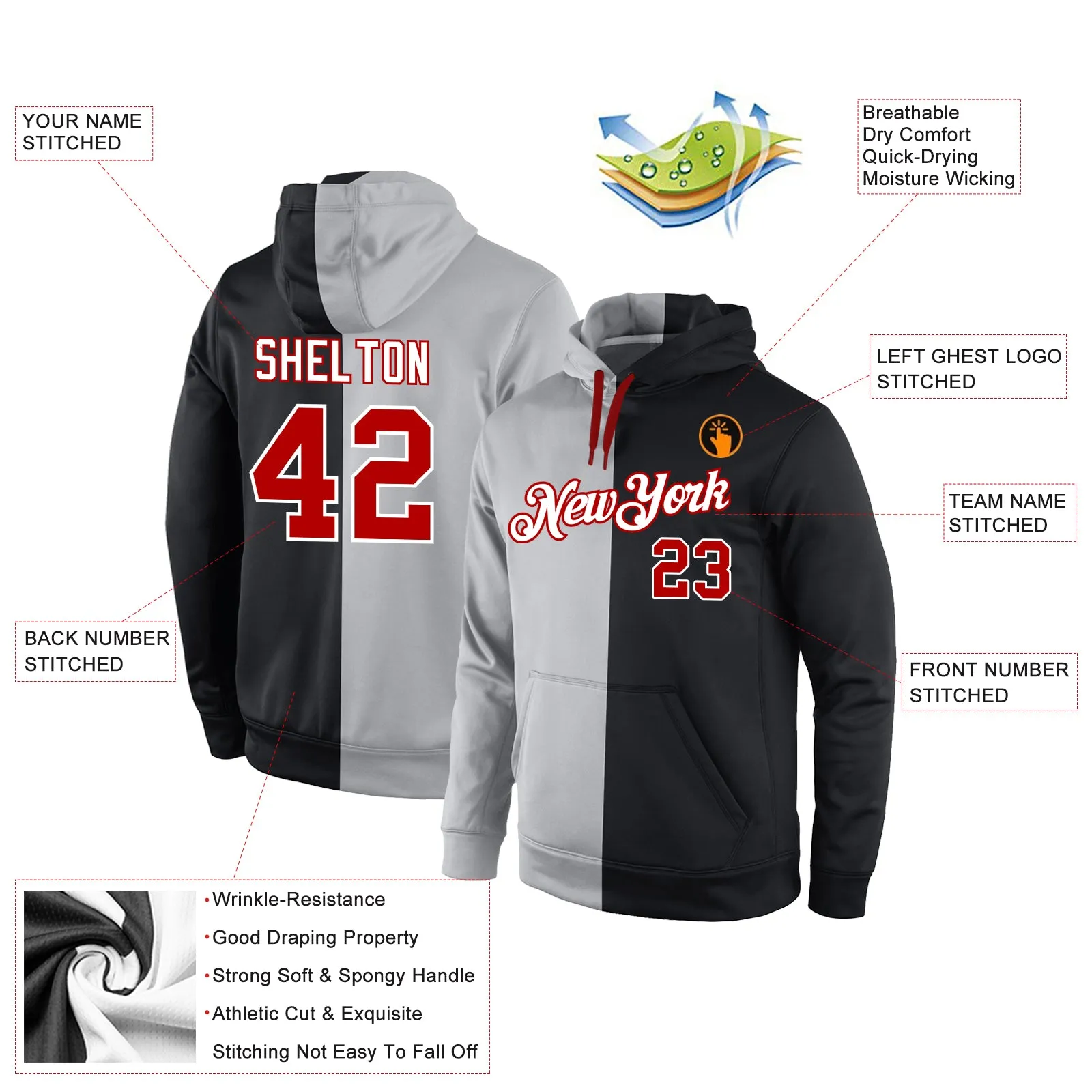 Custom Stitched Gray Red-Black Split Fashion Sports Pullover Sweatshirt Hoodie