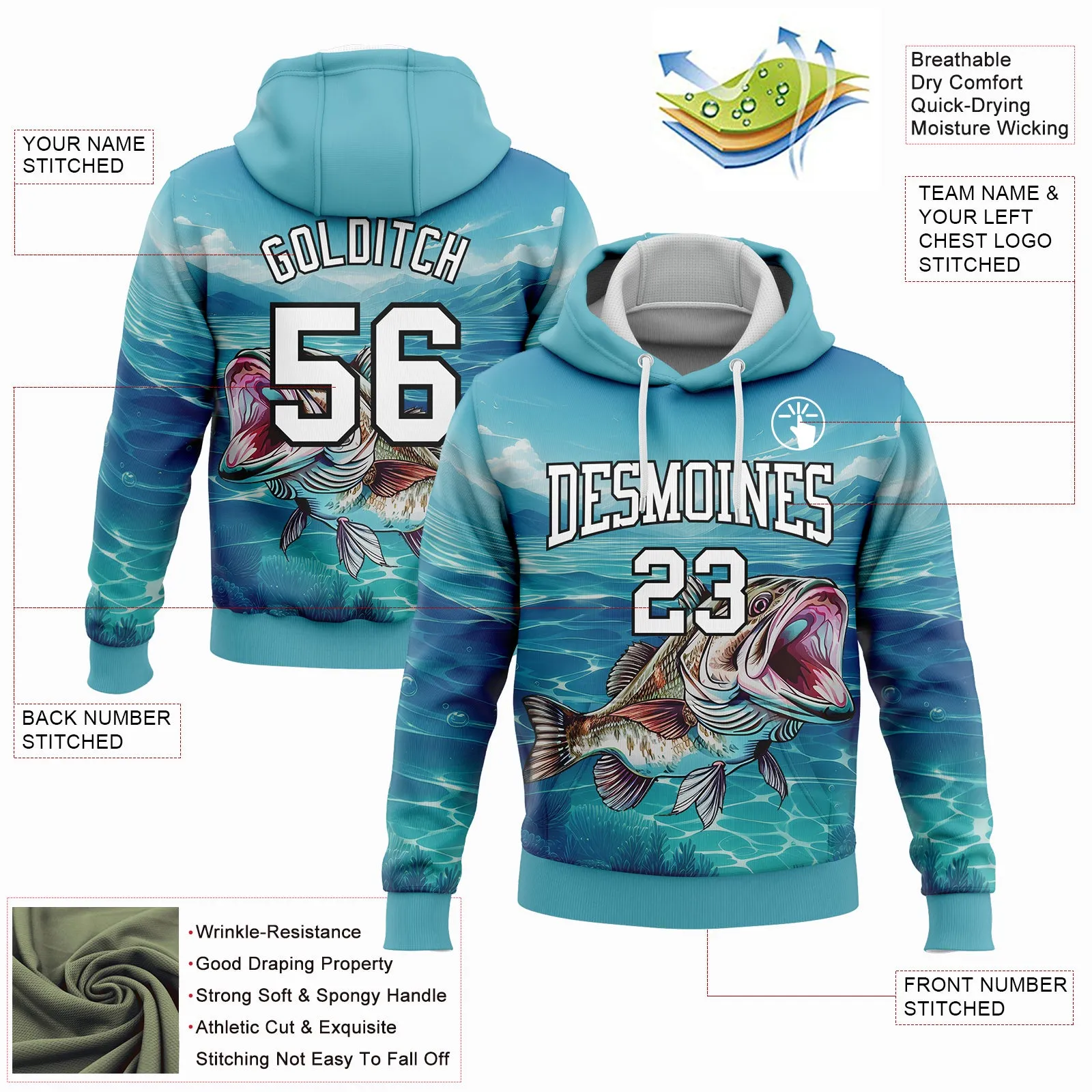 Custom Stitched Lakes Blue White-Black 3D Smallmouth Bass Fish Fishing Sports Pullover Sweatshirt Hoodie