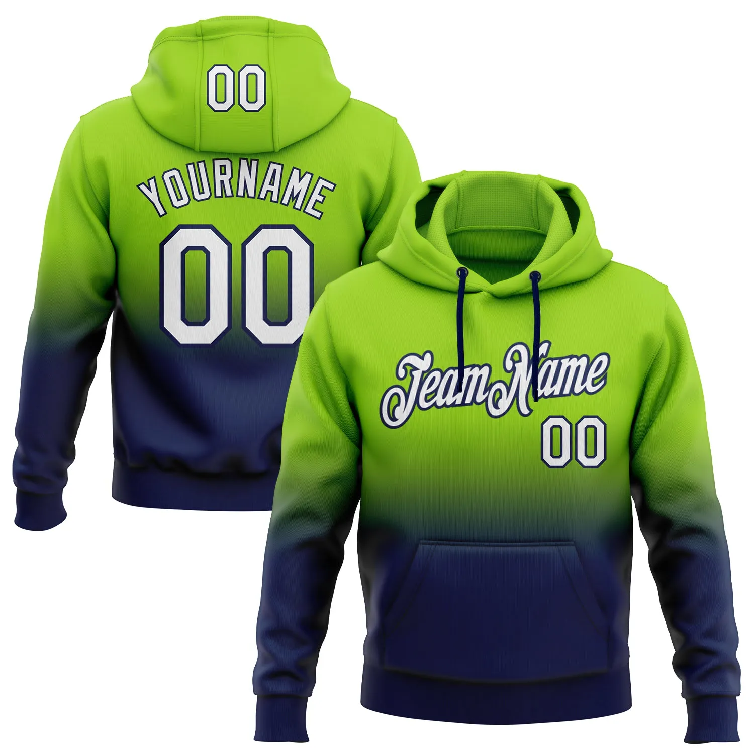 Custom Stitched Neon Green White-Navy Fade Fashion Sports Pullover Sweatshirt Hoodie