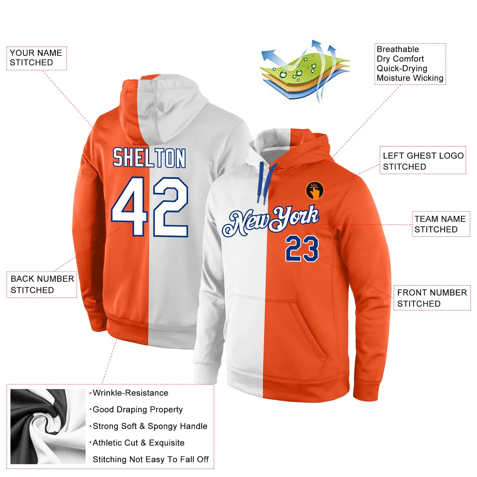 Custom Stitched Orange White-Royal Split Fashion Sports Pullover Sweatshirt Hoodie