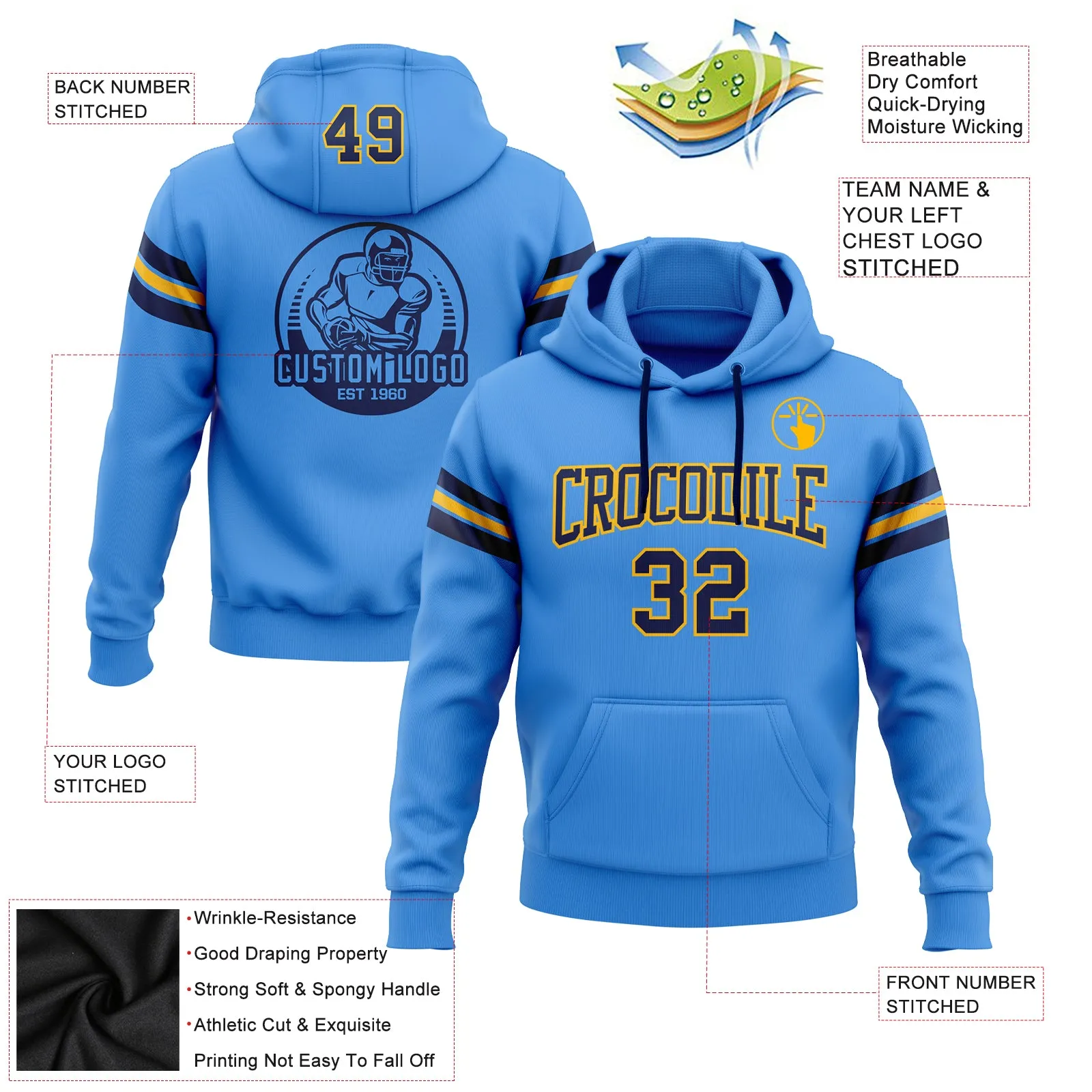 Custom Stitched Powder Blue Navy-Gold Football Pullover Sweatshirt Hoodie