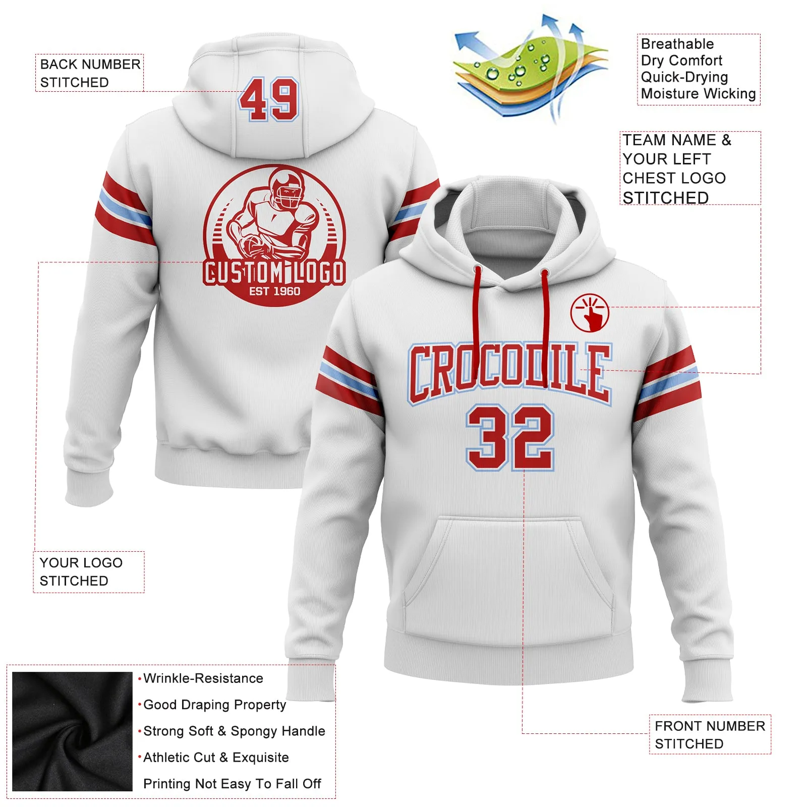 Custom Stitched White Red-Light Blue Football Pullover Sweatshirt Hoodie