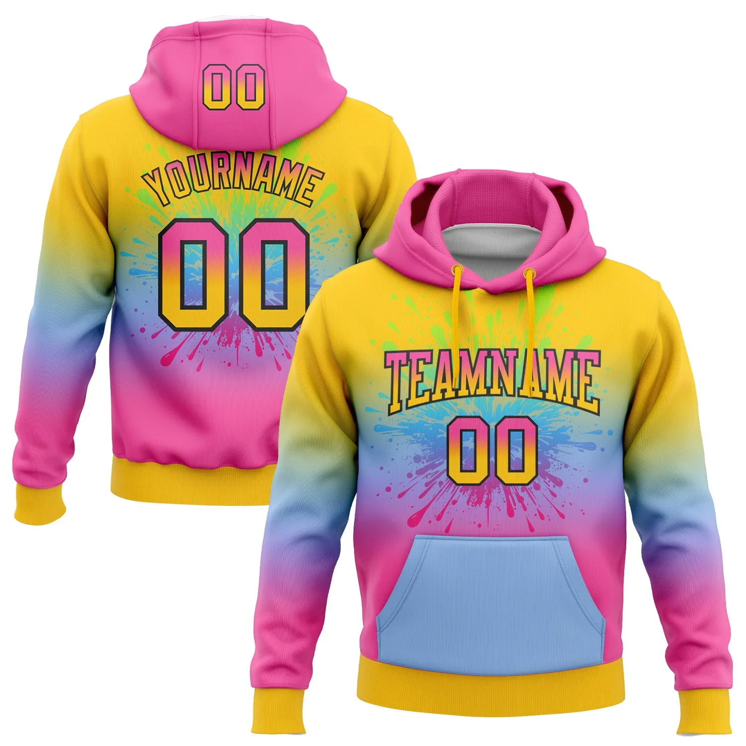 Custom Stitched Yellow Pink Light Blue-Black Fade Fashion Splash Sports Pullover Sweatshirt Hoodie