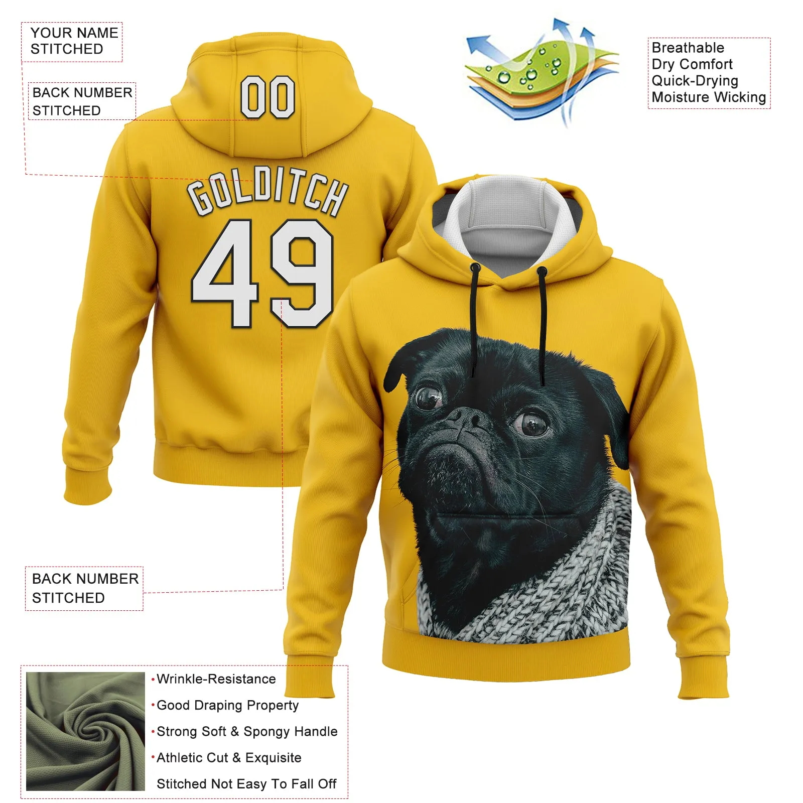 Custom Stitched Yellow White-Black 3D Pattern Design Pug Dog Sports Pullover Sweatshirt Hoodie