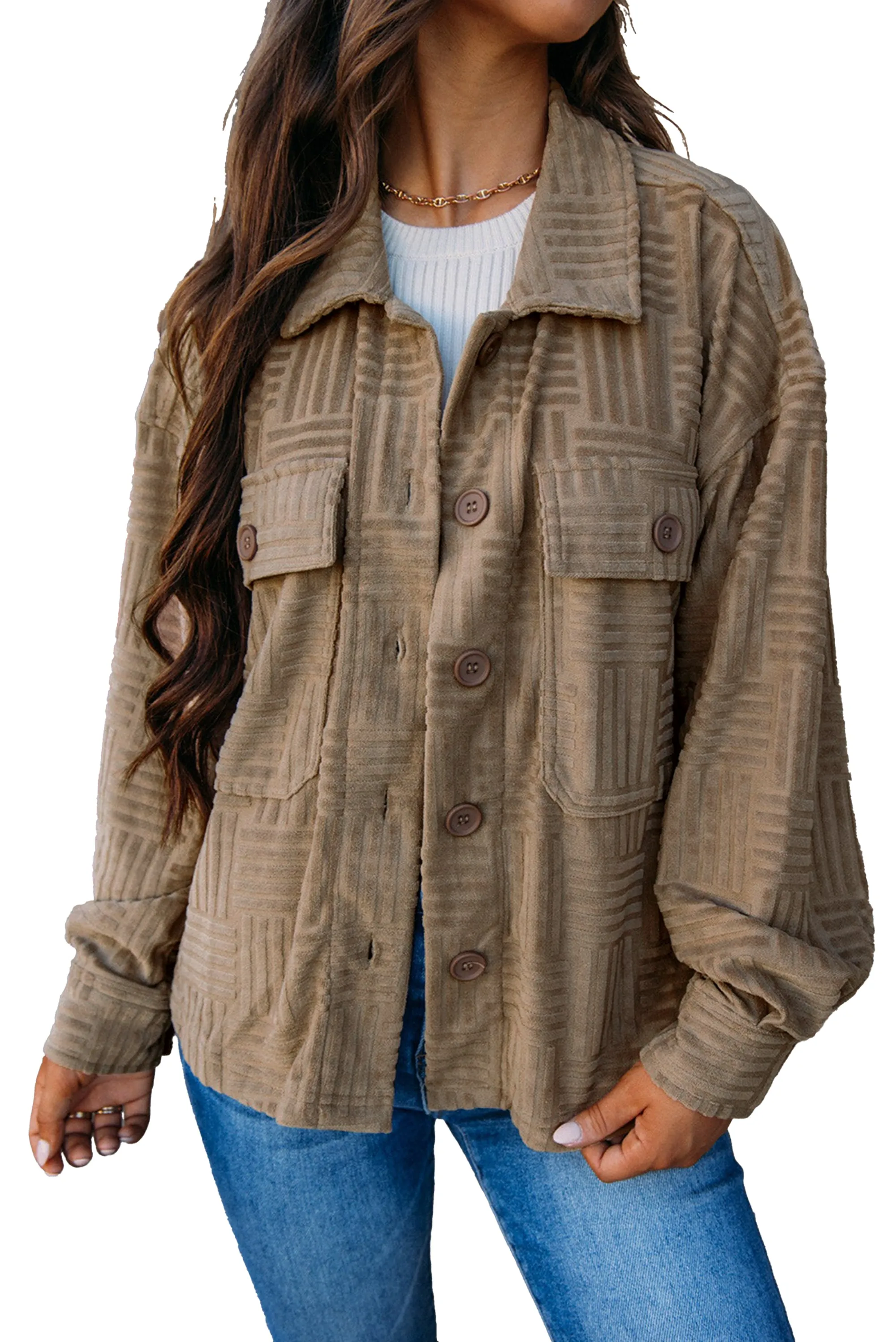 Dark Khaki Textured Chest Pocket Button Up Shacket