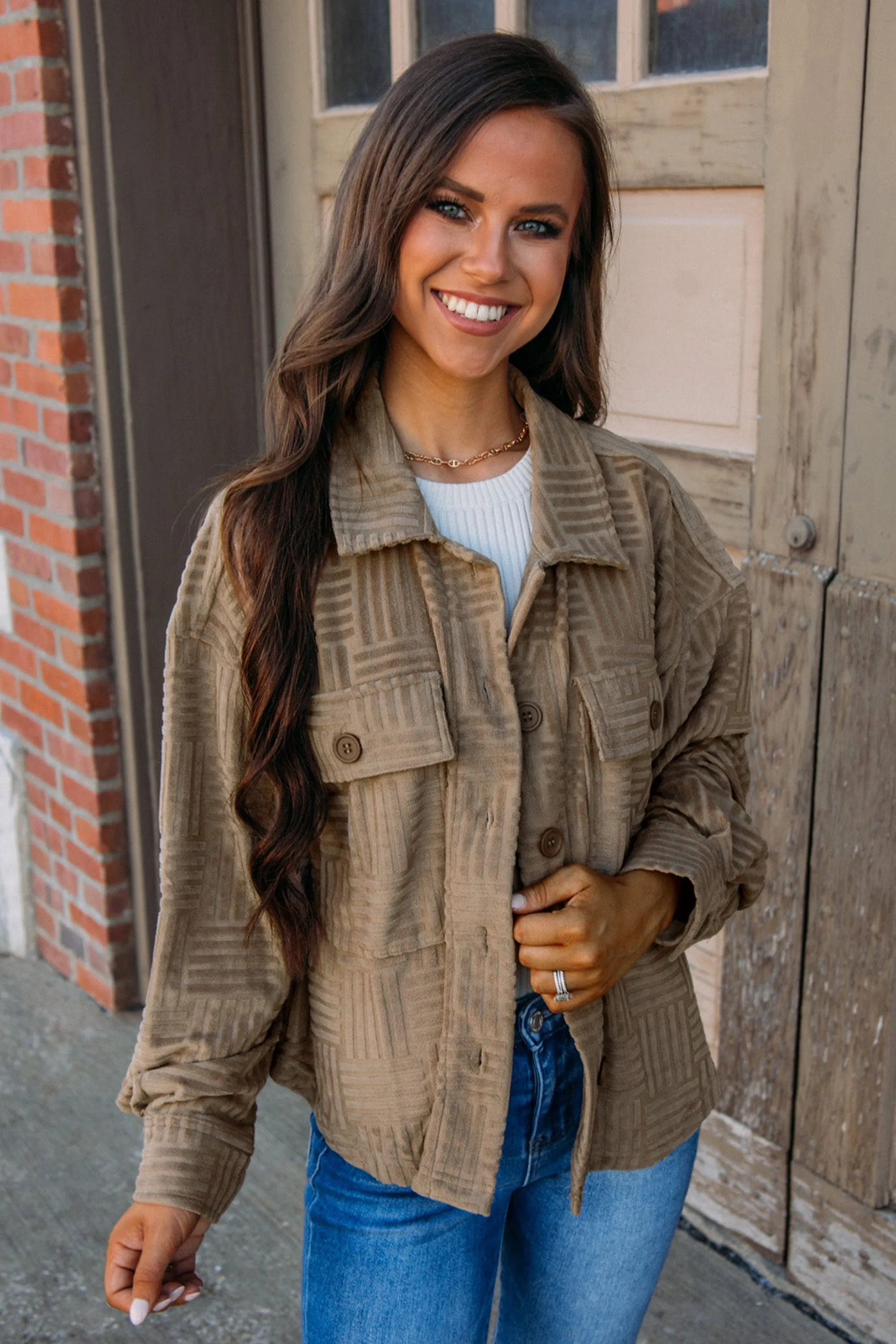 Dark Khaki Textured Chest Pocket Button Up Shacket