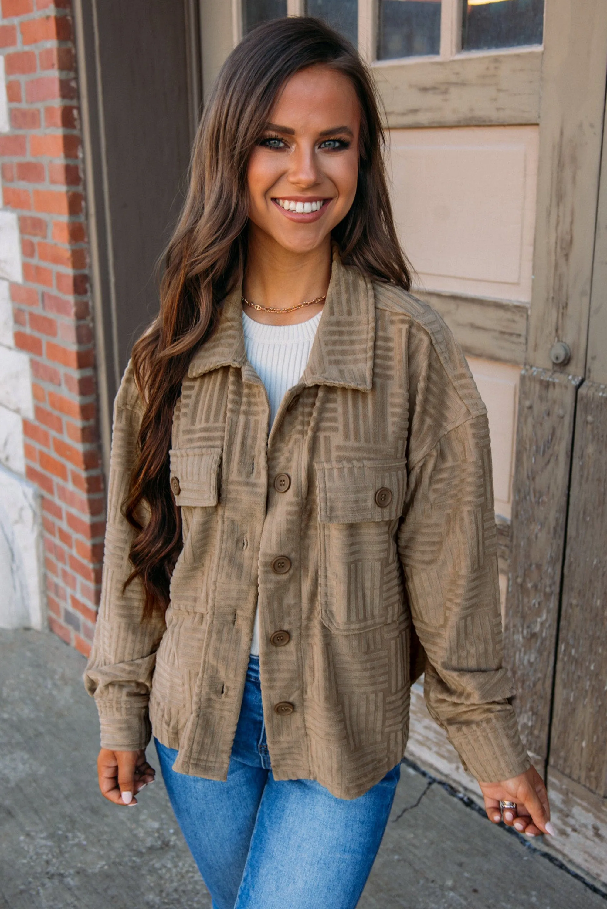 Dark Khaki Textured Chest Pocket Button Up Shacket