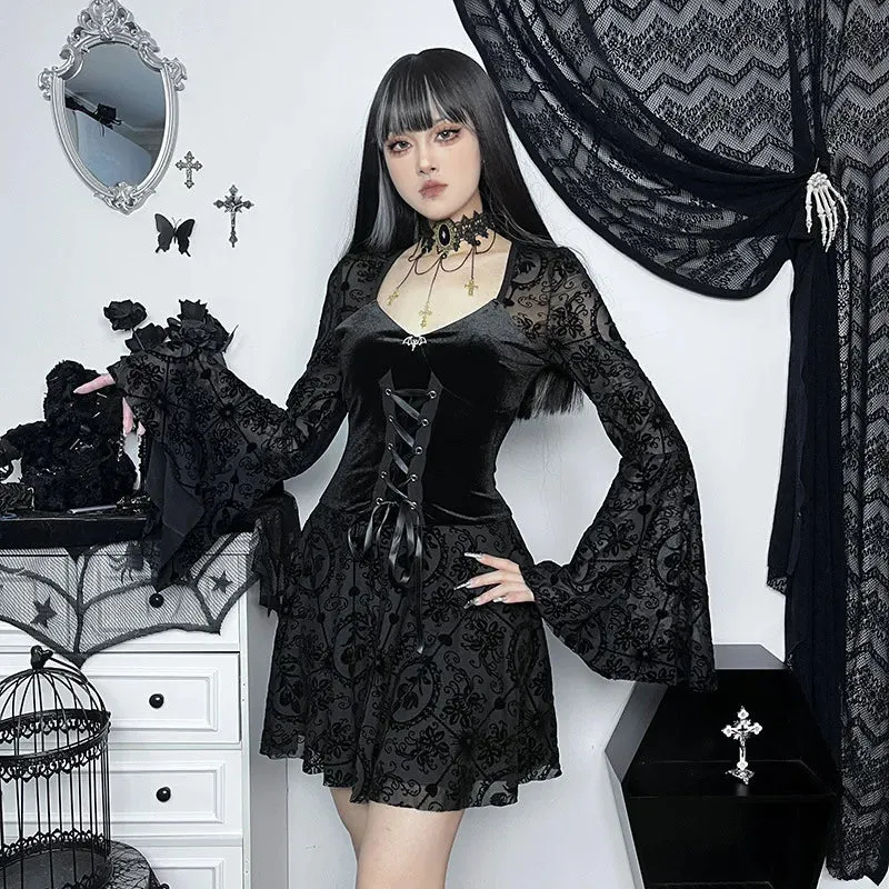 Dark Party Elegant Gothic Flare Punk Velvet Dresses Grunge Sleeve Flocked Style Bandage Vintage Outfit