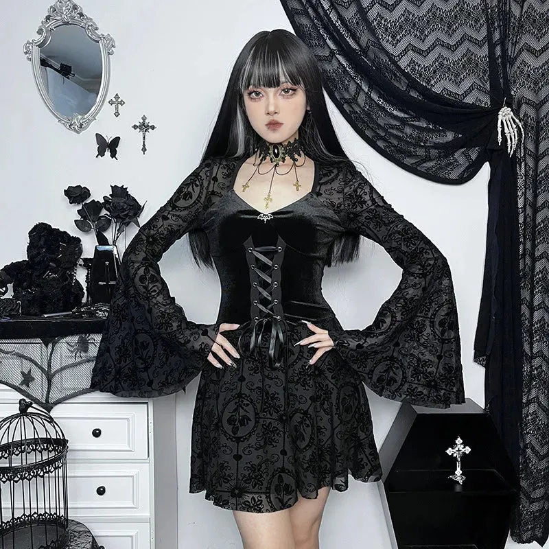 Dark Party Elegant Gothic Flare Punk Velvet Dresses Grunge Sleeve Flocked Style Bandage Vintage Outfit