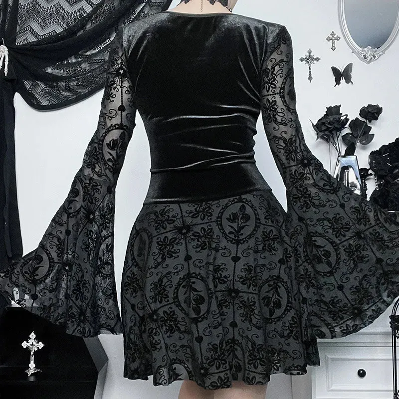 Dark Party Elegant Gothic Flare Punk Velvet Dresses Grunge Sleeve Flocked Style Bandage Vintage Outfit