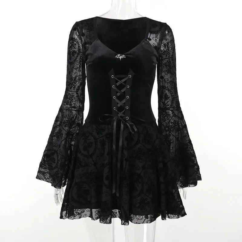 Dark Party Elegant Gothic Flare Punk Velvet Dresses Grunge Sleeve Flocked Style Bandage Vintage Outfit