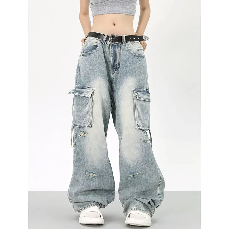 Denim Waist Fashion Leg Straight Wide Blue Streetwear High Baggy Vintage Jeans