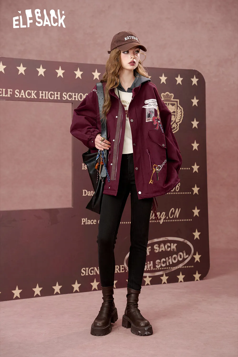 ELFSACK 2024 Autumn New Arrivals American retro printed trench coat for women, work jacket