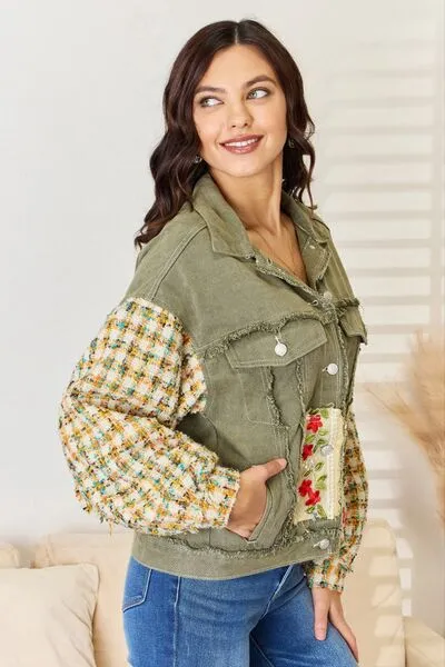 Embroidered Button Down Raw Hem Shacket