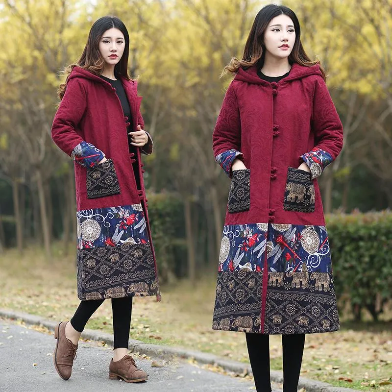 Embroidered Hooded Knee-Length Trench Coat