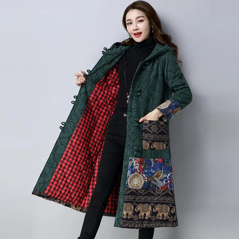 Embroidered Hooded Knee-Length Trench Coat