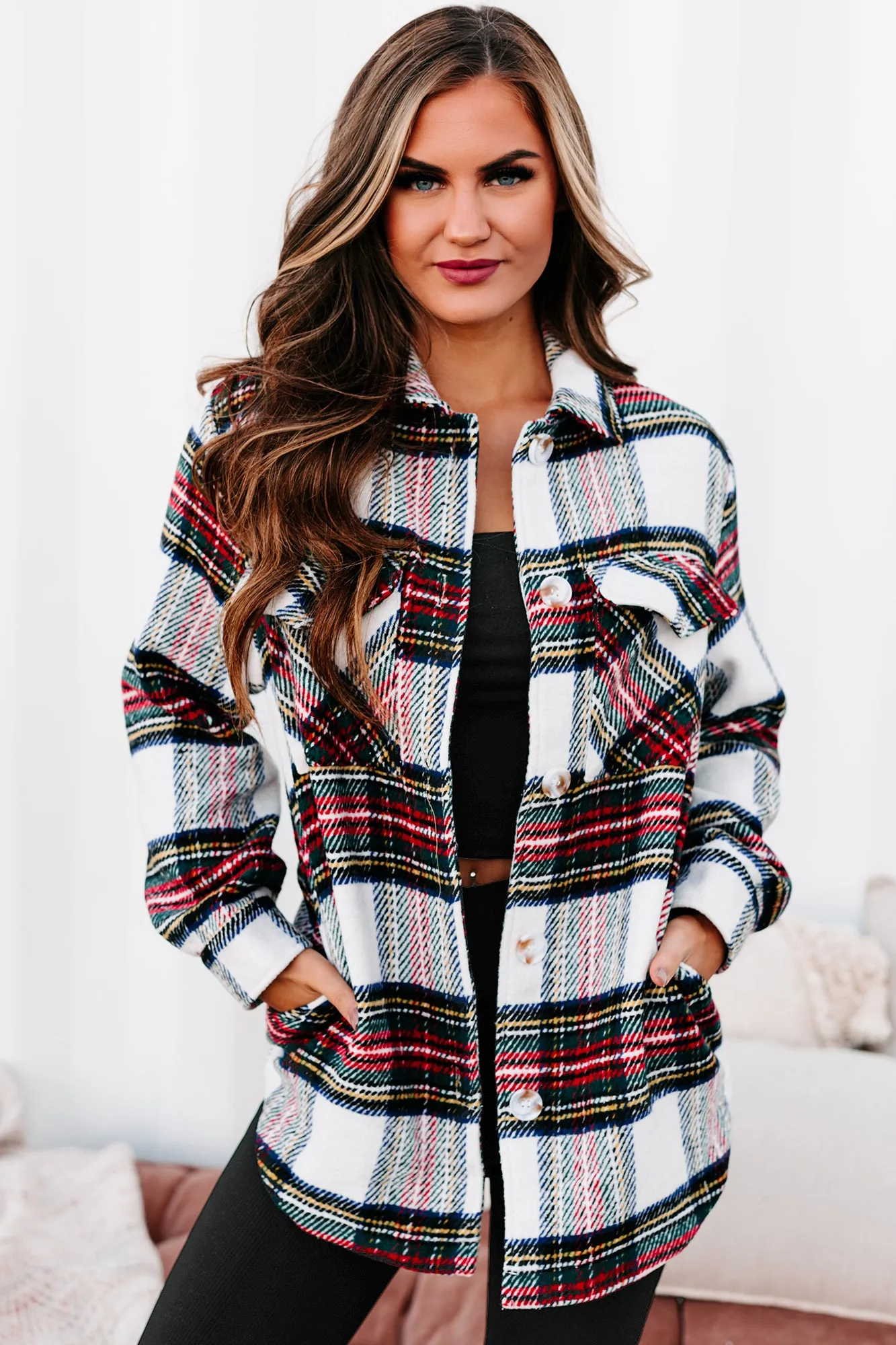 Exceptionally You Woven Plaid Jacket (Ivory/Red)