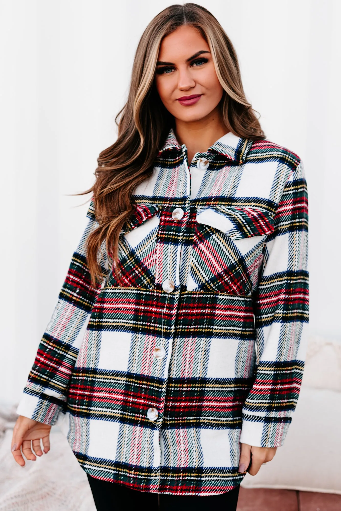 Exceptionally You Woven Plaid Jacket (Ivory/Red)