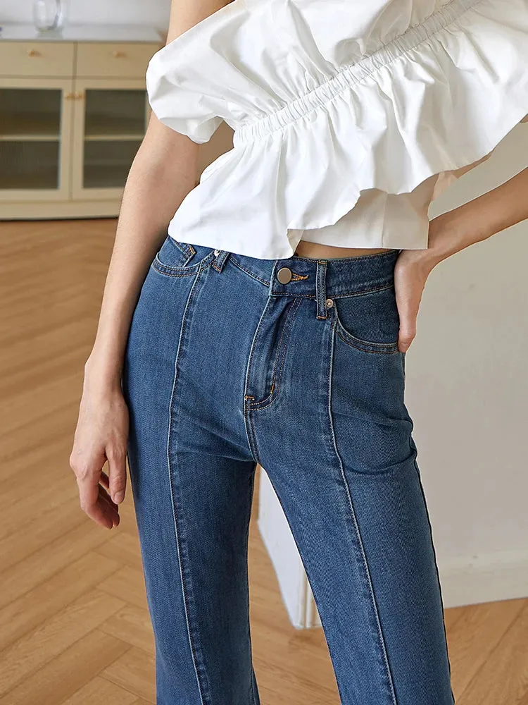 Fashion Skinny Denim Flare Pants For Women High Waist Solid Minimalist Side Split Jeans Female Clothing Spring