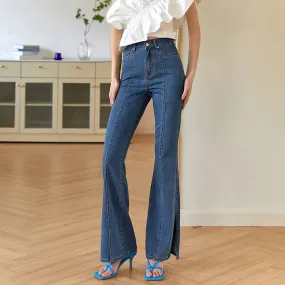 Fashion Skinny Denim Flare Pants For Women High Waist Solid Minimalist Side Split Jeans Female Clothing Spring