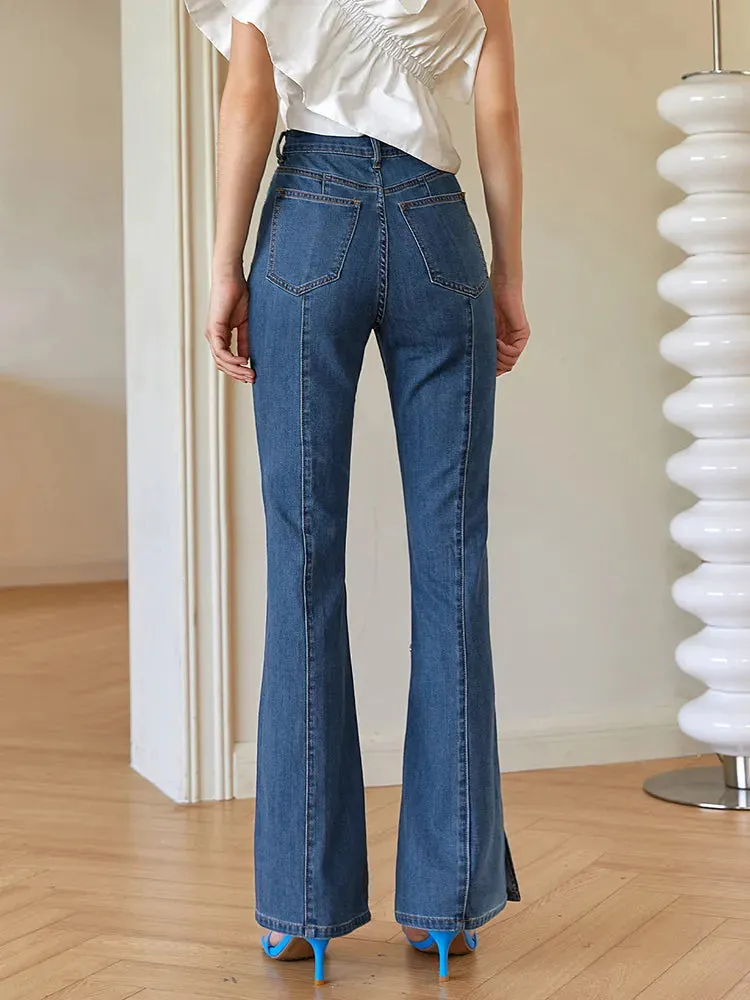 Fashion Skinny Denim Flare Pants For Women High Waist Solid Minimalist Side Split Jeans Female Clothing Spring