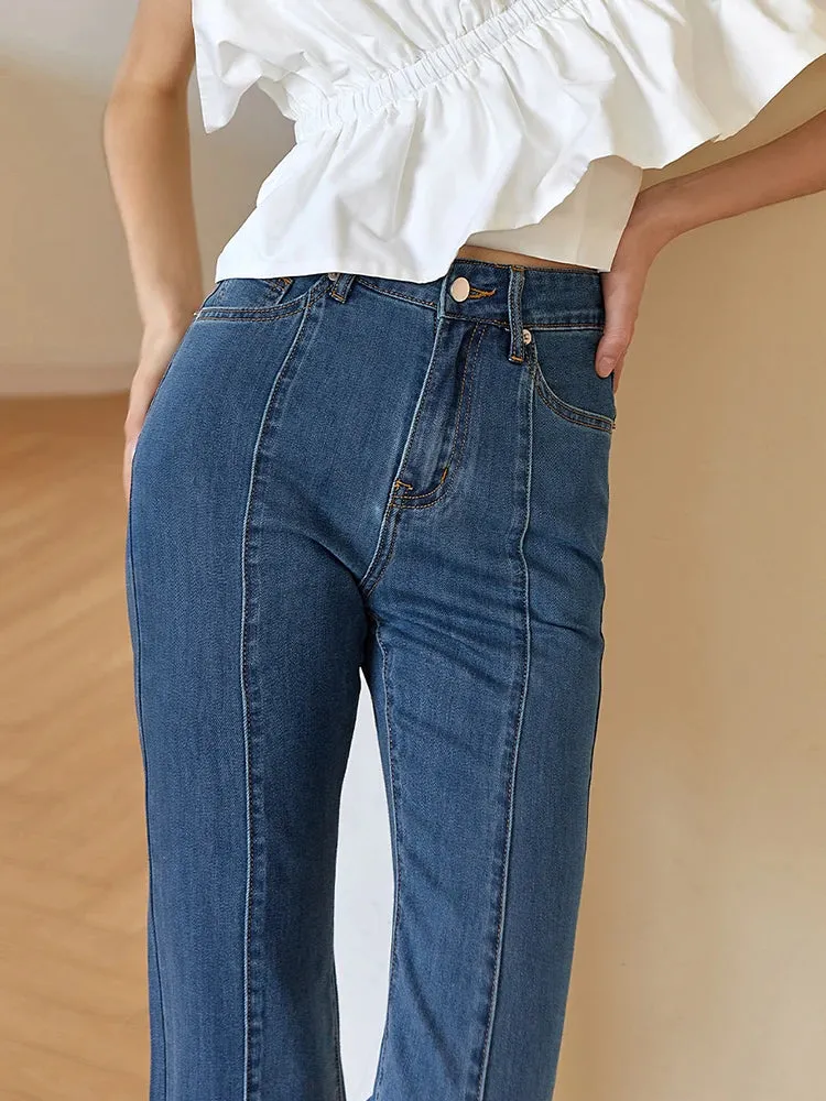 Fashion Skinny Denim Flare Pants For Women High Waist Solid Minimalist Side Split Jeans Female Clothing Spring