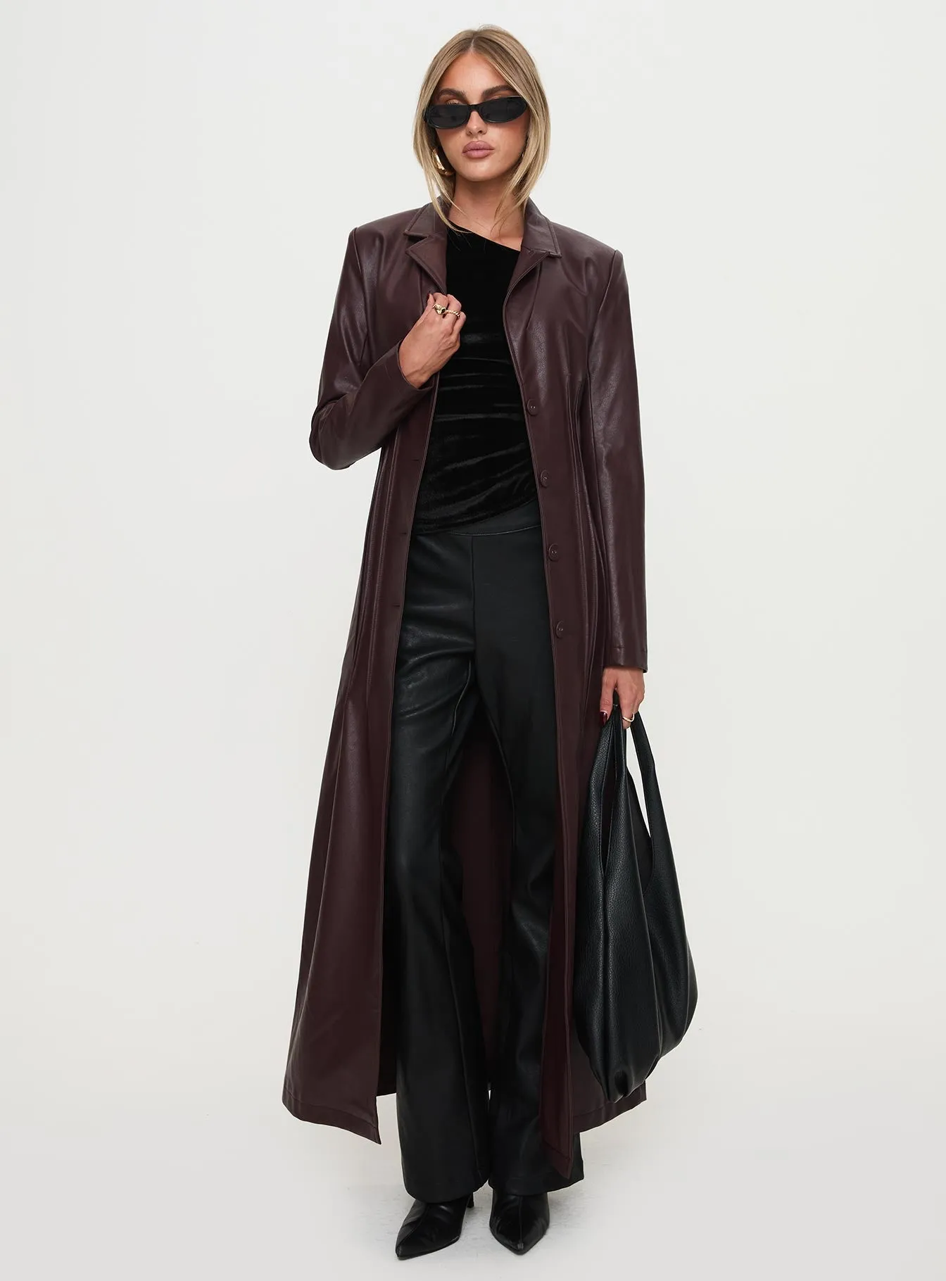 Fashionkova Speak Easy Long Line Faux Leather Coat Burgundy